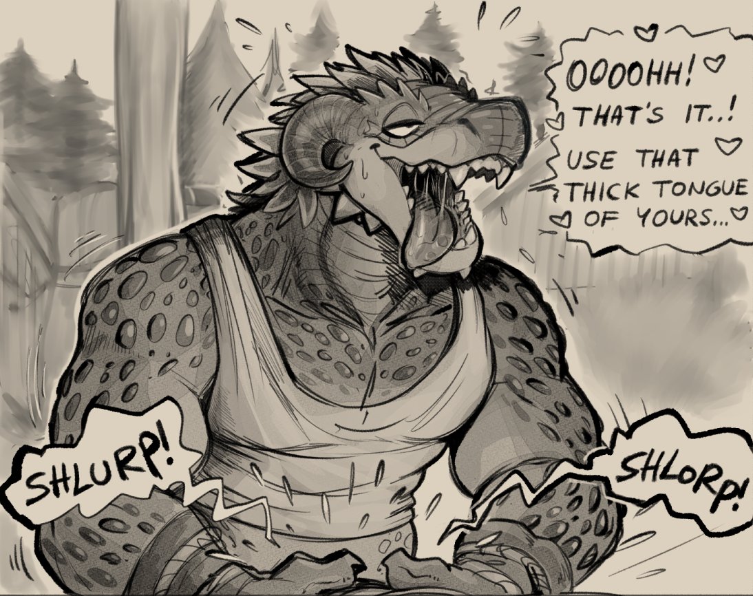 2021 anthro argonian bethesda_softworks bodily_fluids clothing daftpatriot digital_media_(artwork) english_text fan_character fellatio greyscale horn male monochrome onomatopoeia open_mouth oral penile saliva scalie sex shirt solo sound_effects tank_top text the_elder_scrolls topwear video_games