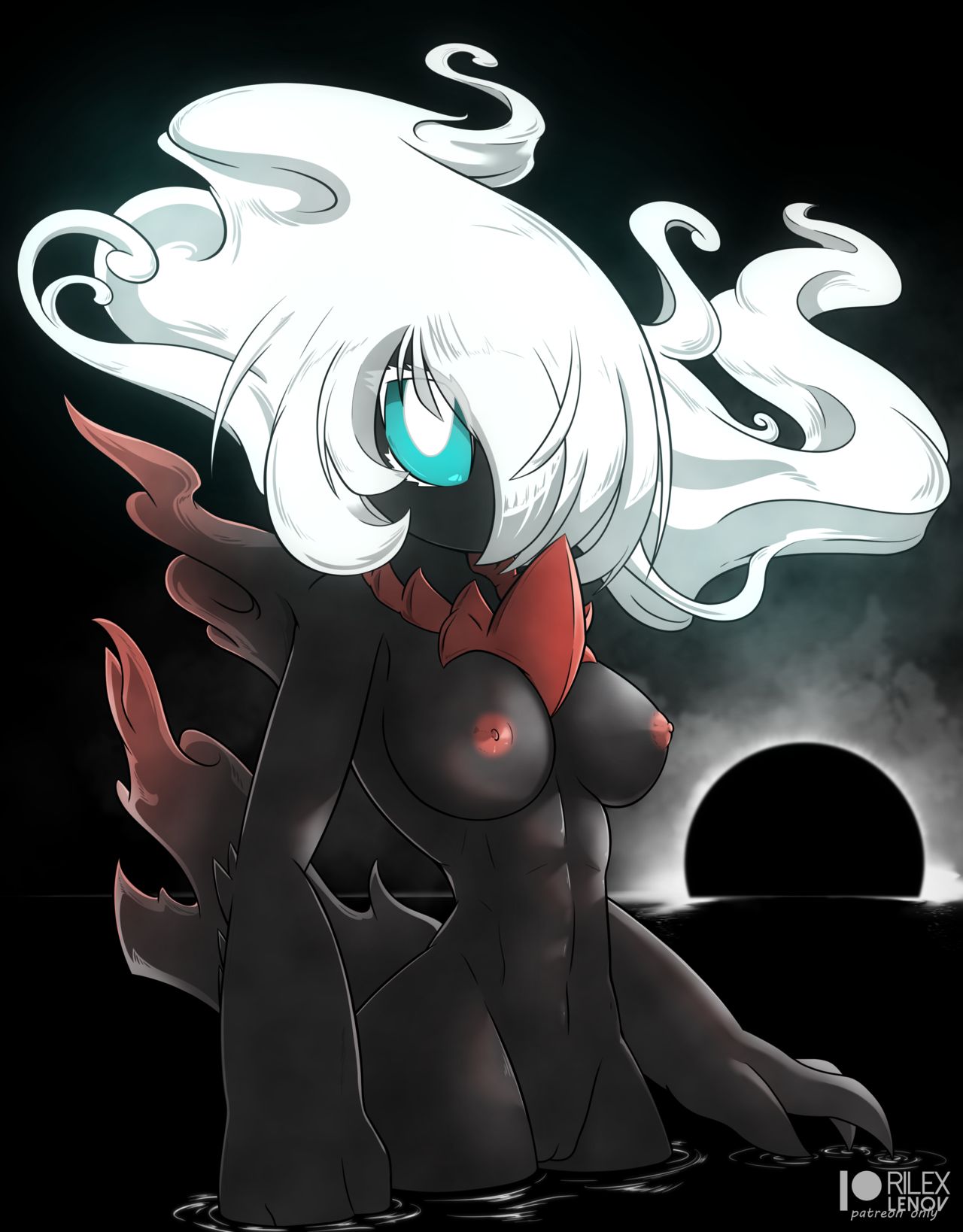 anthro, breasts, cyan eyes, dark skin, dark-skinned female, darkrai, female, female only, long hair, nipples, pokémon (species), pokemon, pokemon (species), pussy, rilex lenov, tagme, white hair