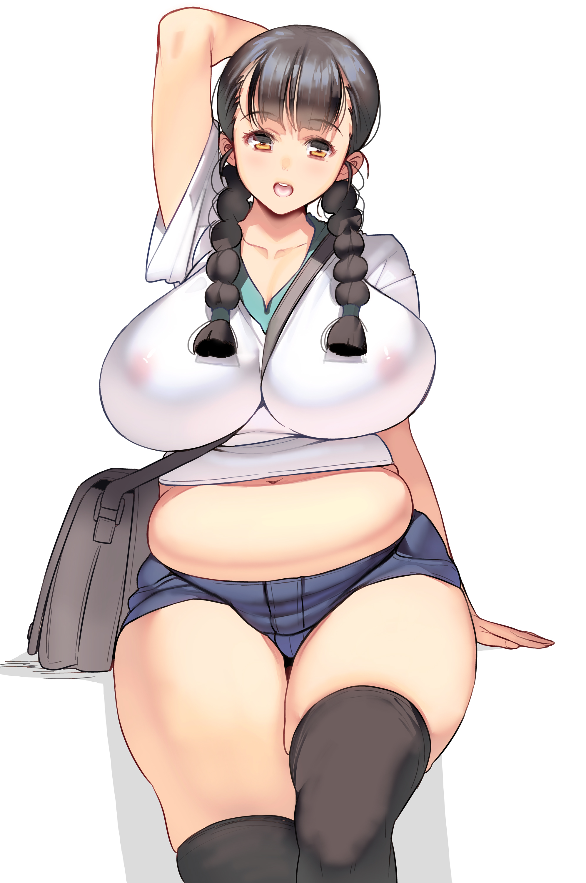 bangs, bbw, belly, big breasts, black hair, black legwear, black thighhighs, braided hair, braids, breasts, chubby, chubby female, dark hair, female, female only, huge breasts, looking at viewer, masao, nipples visible through clothing, no bra, original, overweight, plump, purse, short shorts, short sleeves, shorts, sitting, solo, thick thighs, thighhighs, wide hips, zettai ryouiki