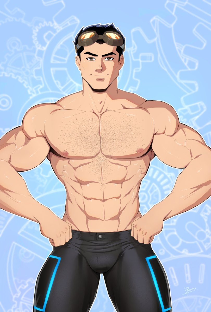 bara black_hair cartoon_network gay generator_rex goggles_on_head hairy_chest male_only muscular muscular_male reiner55 rex_salazar solo solo_focus solo_male yaoi