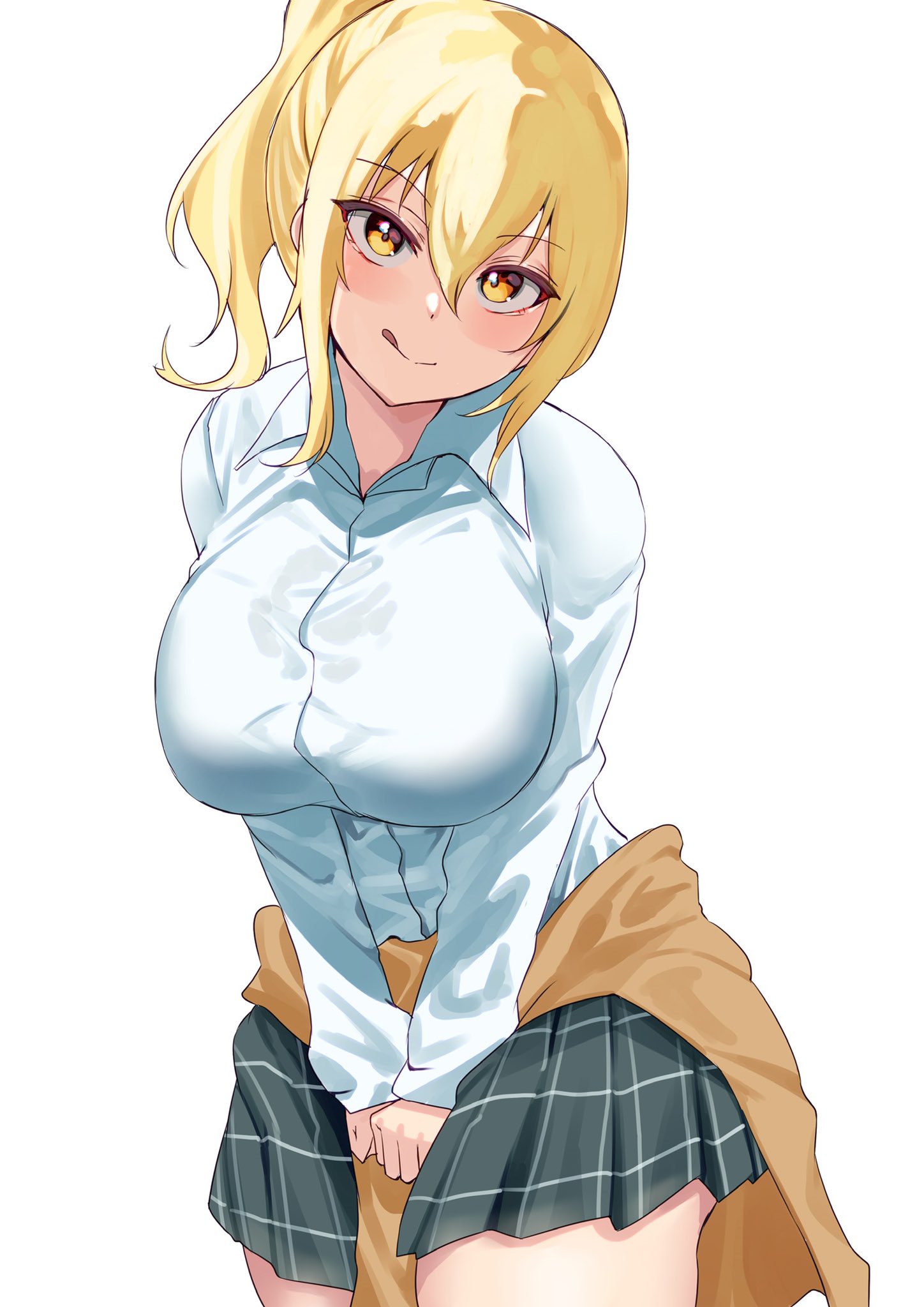 1girls, amber eyes, big breasts, blonde hair, breasts, busty, female, female only, fully clothed, large breasts, love live!, love live! nijigasaki high school idol club, miyashita ai, ponytail, school uniform, short skirt, thick thighs, thighs, tight clothing, tongue, tongue out, yamasonson