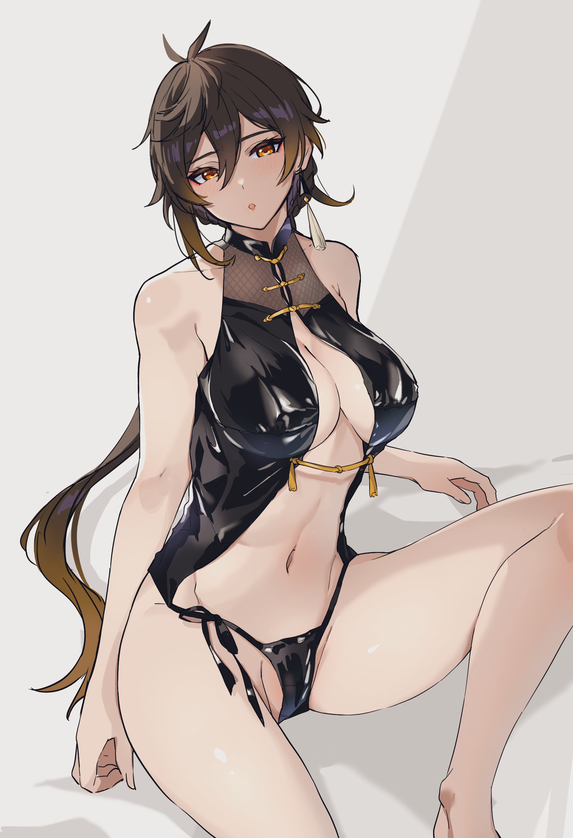 :o, 1girls, absurdres, bangs, black hair, blush, breasts, brown hair, chinese clothes, cleavage, commentary, earrings, female, female only, genderswap, genderswap (mtf), genshin impact, gradient hair, grey background, hair between eyes, highres, jewelry, large breasts, long hair, looking at viewer, multicolored hair, navel, orange eyes, parted lips, pe1077, ponytail, rule 63, simple background, single earring, sitting, solo, tassel, tassel earrings, zhongli (genshin impact), zhongli jiejie