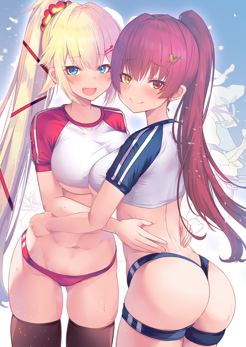 2girls akai_haato arms_around_waist ass ass_visible_through_thighs blonde_hair breasts busty crop_top female female/female female_only fit fit_female heterochromia hololive hololive_fantasy hololive_gen_1 hololive_japan houshou_marine long_hair looking_at_viewer ponytail red_hair thigh_strap thighhighs thighs underboob virtual_youtuber yoshiheihe yuri