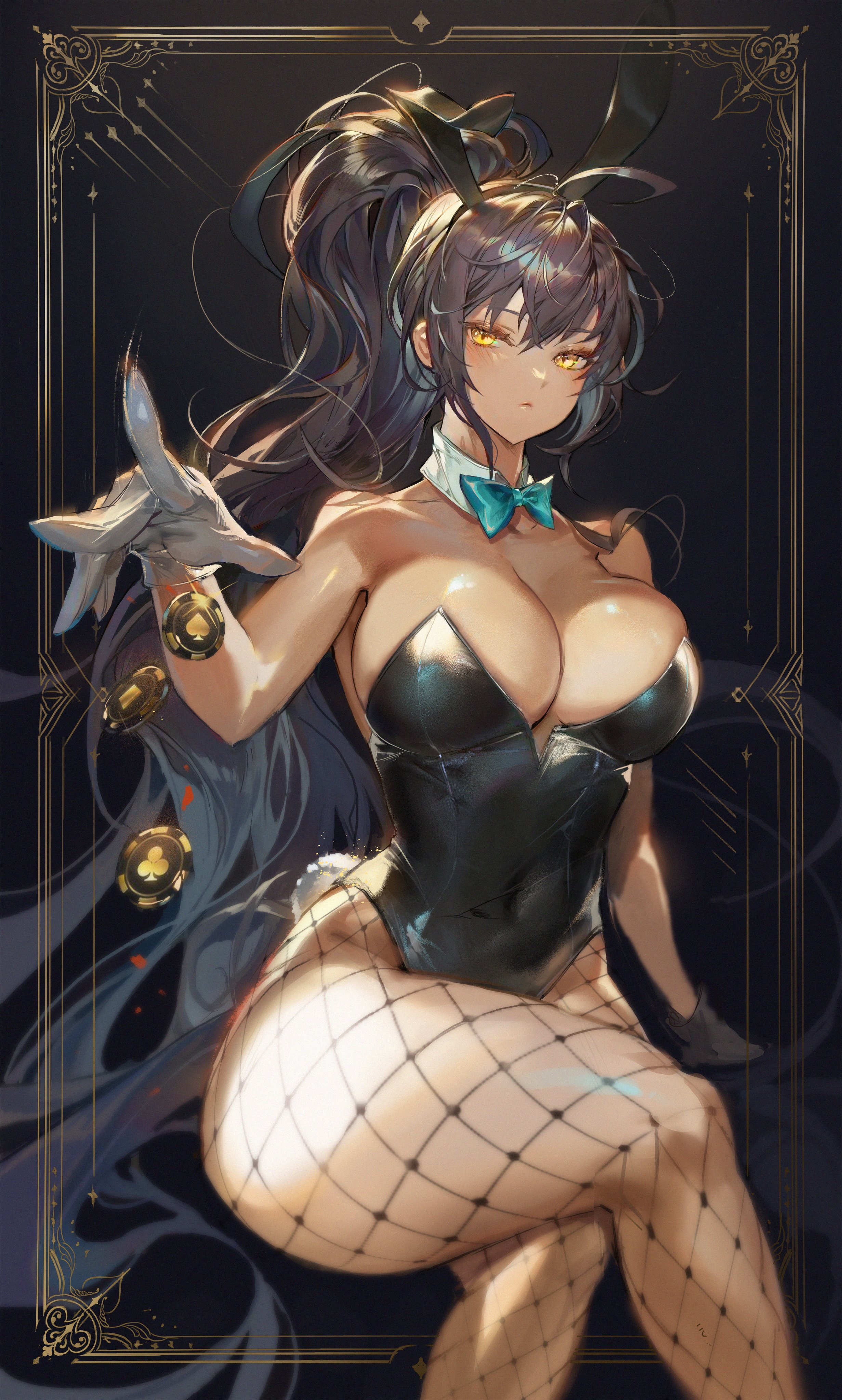 1girls, animal ears, bangs, bare shoulders, black background, black hair, black leotard, blue archive, bow, bowtie, breasts, bunny ears, bunnysuit, busty, chips, clavicle, cleaning & clearing (blue archive), cleavage, clothing, collar, covered navel, crossed legs, curvaceous, curvy female, dark skin, dark-skinned female, fake animal ears, female, fishnet legwear, fishnet pantyhose, fishnets, food, gloves, hair between eyes, high resolution, highleg, highleg leotard, huge breasts, karin (blue archive), karin (bunny) (blue archive), large breasts, leotard, looking at viewer, millennium science school student, navel, pantyhose, playboy bunny, poker chip, sakk 00, shiny, shiny skin, simple background, sitting, thick thighs, thighs, very high resolution, voluptuous, white gloves, yellow eyes
