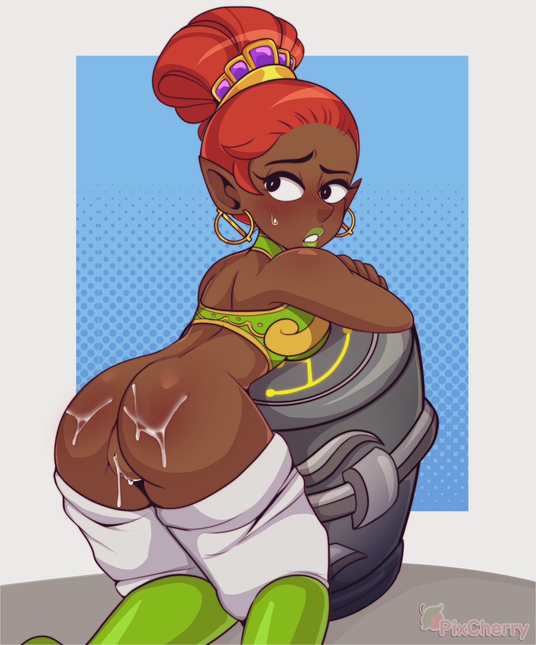 1girls, ass, black eyes, blush, bottomless, breath of the wild, cherrypix, choker, cum, cum drip, cum in pussy, cum inside, cum on ass, cum on lower body, dark skin, dark-skinned female, earrings, female, gerudo, green lipstick, hair bun, hoop earrings, lipstick, looking back, looking to the side, nintendo, pants down, pointy ears, pokki (breath of the wild), pussy, red hair, solo, sweat, sweatdrop, the legend of zelda