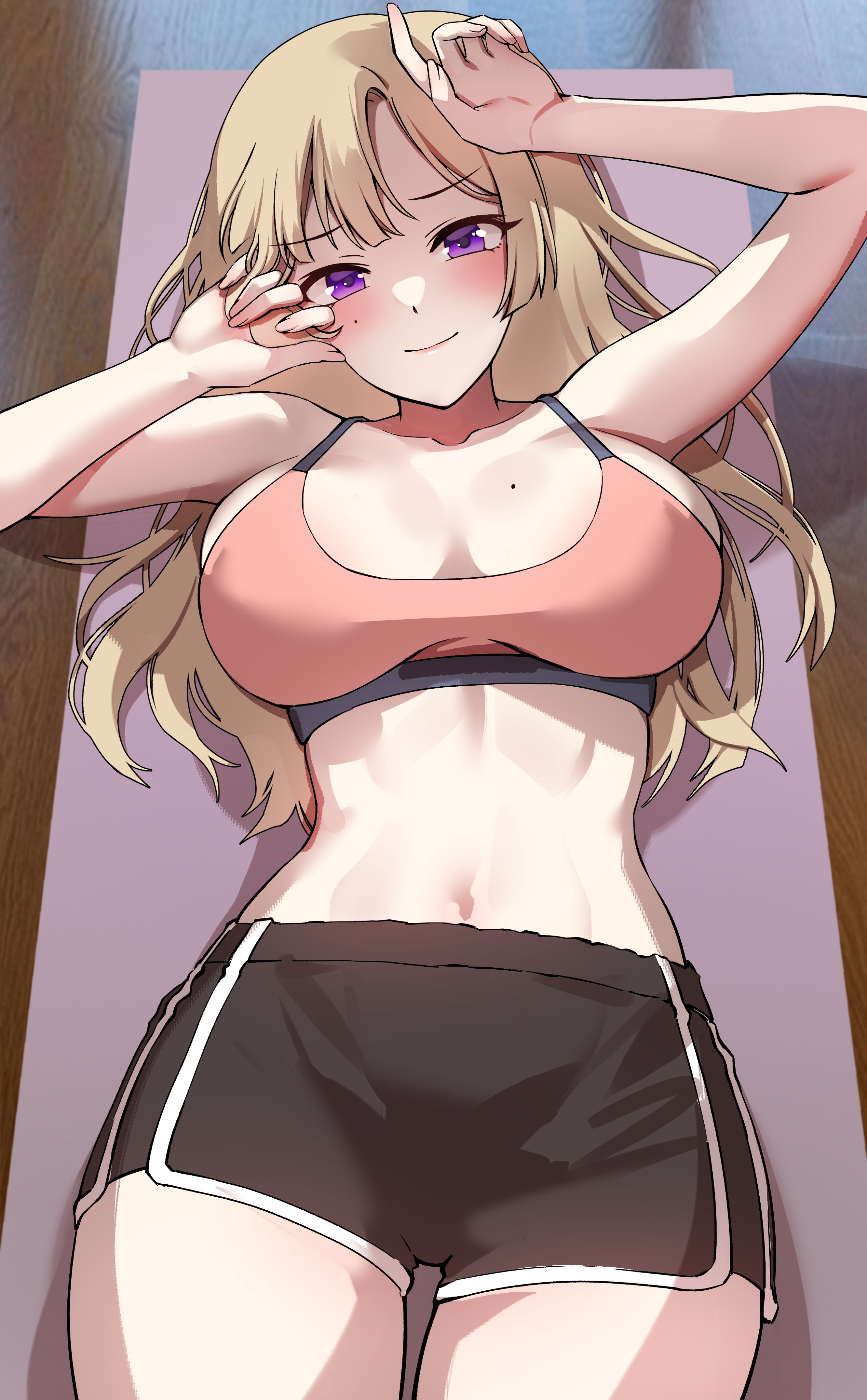1girls, 2021, arms up, bare legs, beauty mark, blonde hair, blush, breasts, female, female focus, female only, foxy rain (foxyreine), foxyrain (foxyreine), foxyreine, hi res, hips, huge breasts, long hair, looking at viewer, lying on back, mole on breast, mole under eye, on back, original, original character, purple eyes, short shorts, shorts, slim waist, solo, sports bra, sportswear, thick thighs, thighs, wide hips, workout clothes, yoga mat