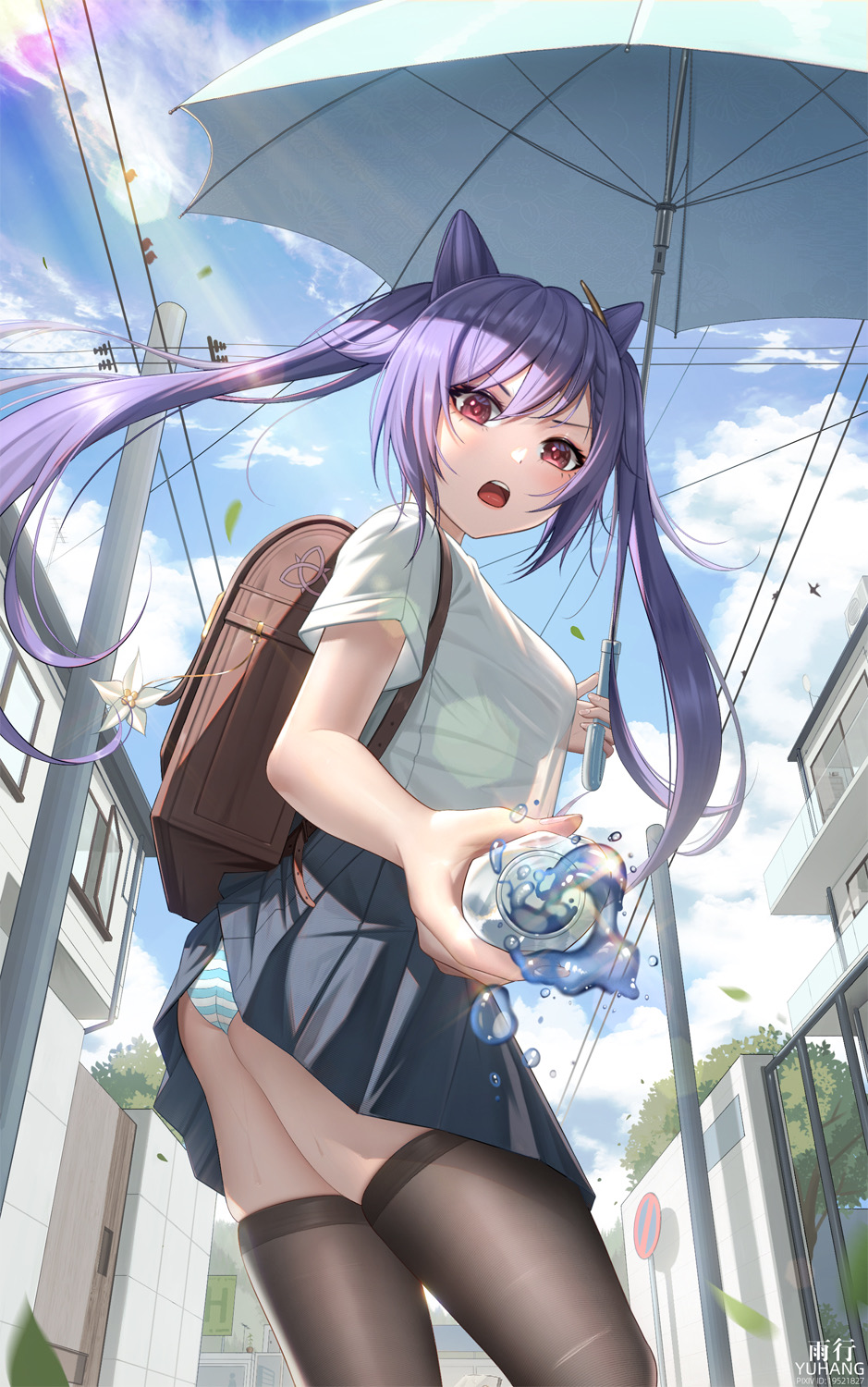 1girls ass blush genshin_impact keqing_(genshin_impact) panties purple_eyes purple_hair school_uniform schoolgirl striped_panties thick_thighs thigh_focus thighhighs thighs twintails water water_bottle yuhang