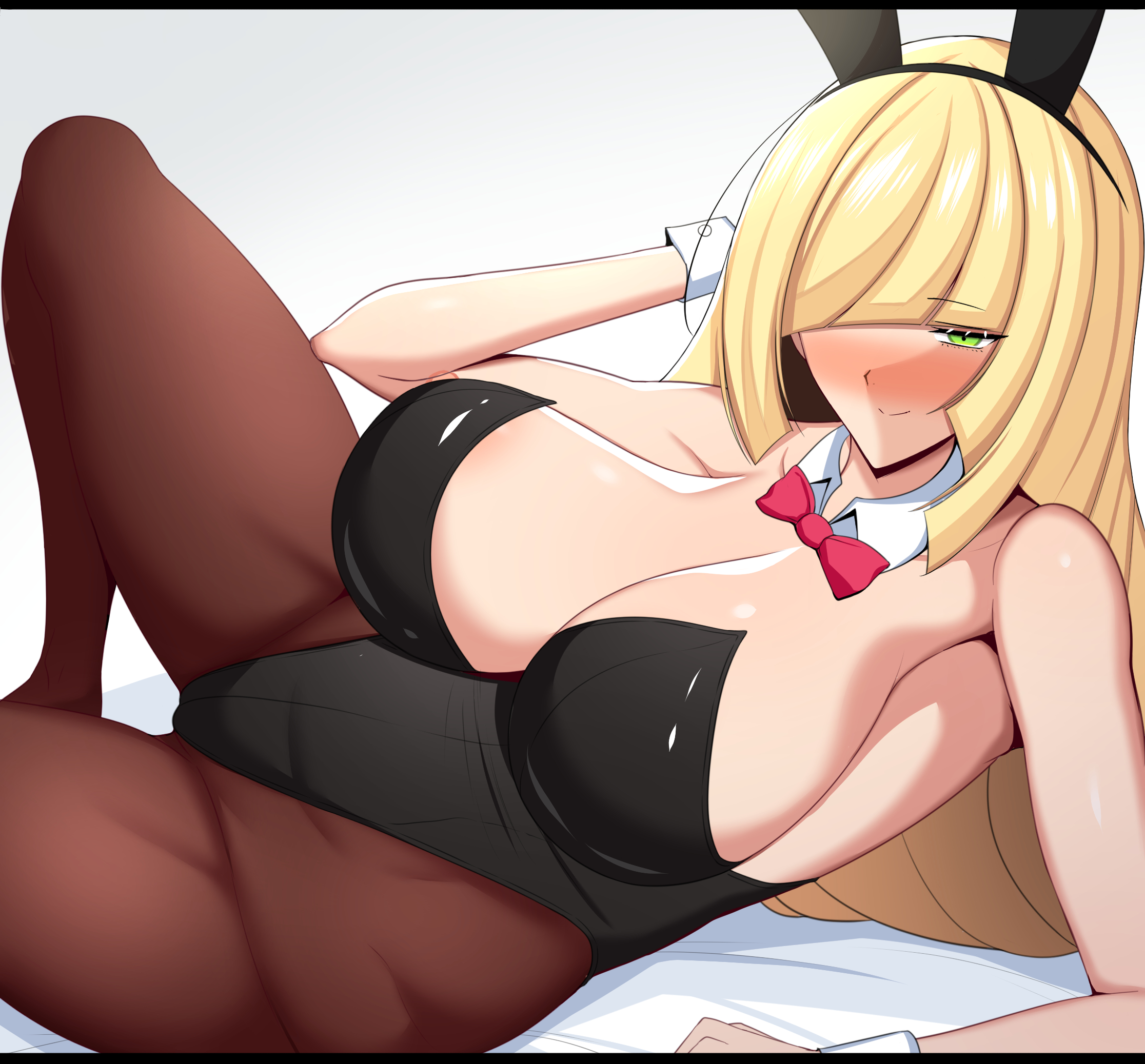 1girls, big breasts, blonde hair, blush, breasts, bunny ears, bunnysuit, eye contact, eyebrows, female, large breasts, leotard, looking at viewer, lusamine (pokemon), mature female, milf, nintendo, pantyhose, pokemon, pokemon sm, solo, tanaken, thick thighs, thighs