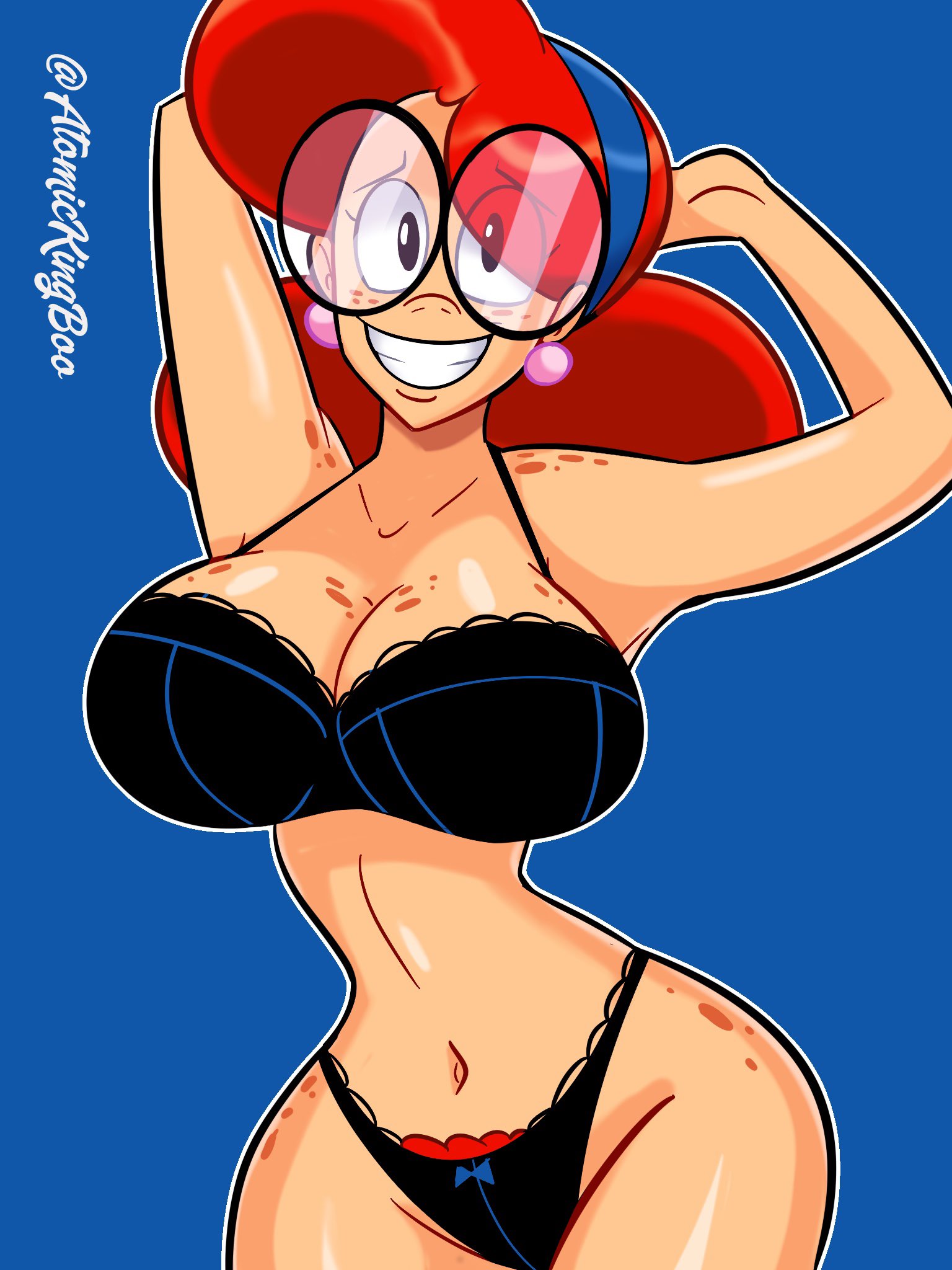 1girls, atomickingboo, big breasts, bra, breasts, busty, earrings, female, female only, freckles, ginger, ginger hair, glasses, hair bun, hips, long hair, nerd, oc, original, original character, panties, red hair, solo, solo female, solo focus, terra mandrile, the besties (atomickingboo), thick thighs, voluptuous, wide hips