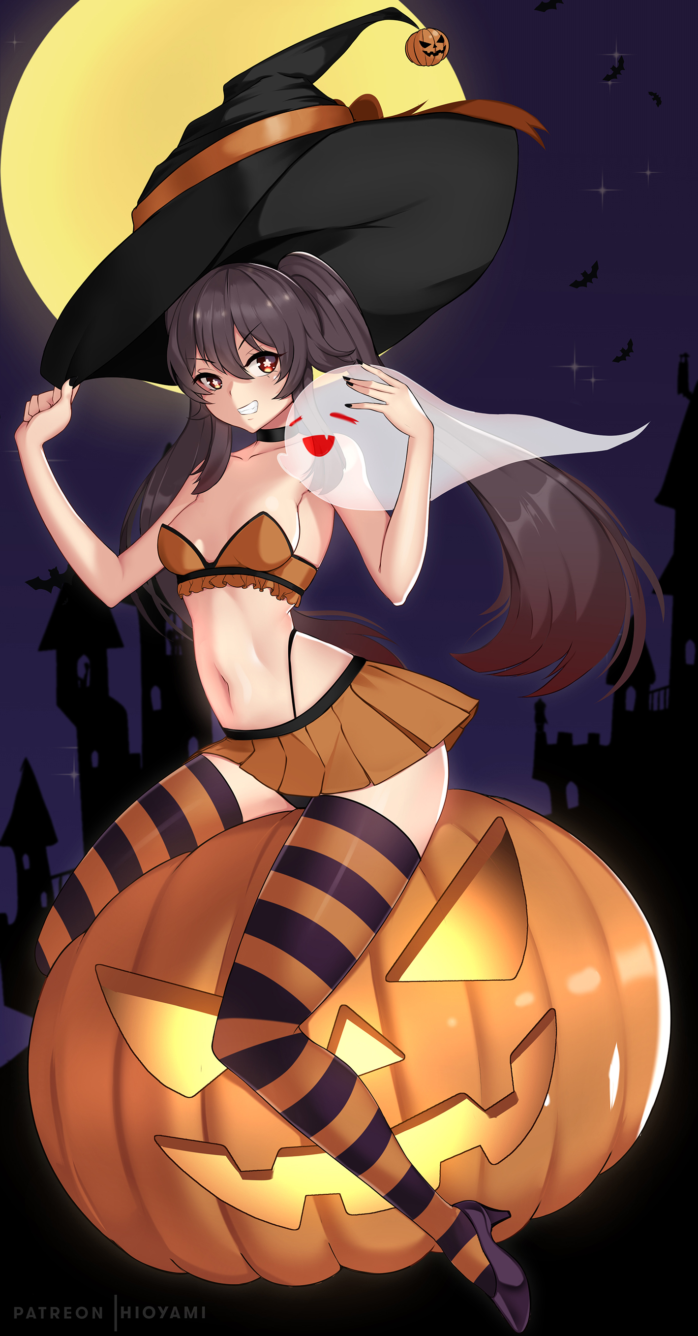 1girls, breasts, female, genshin impact, ghost, halloween, hat, high heels, hioyami, hu tao (genshin impact), long hair, medium breasts, red eyes, revealing clothes, sitting, skirt, solo, stockings, striped legwear, thong, twintails, witch hat