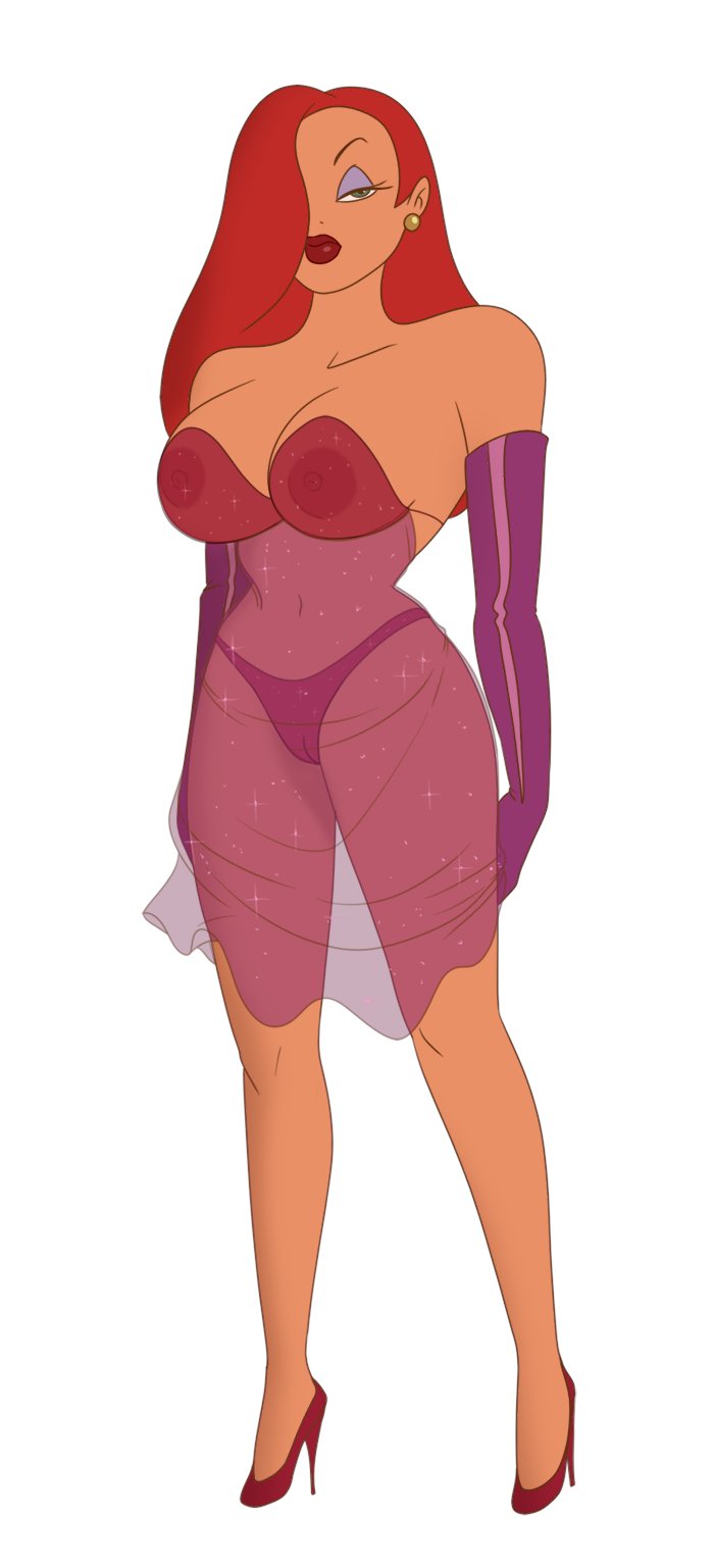 1girls, alternate version available, areola, areolae, breasts, busty, cleavage, discreenvision, disney, ear piercing, earrings, eyelashes, eyeshadow, female, gloves, hair over one eye, heels, high heels, hourglass figure, inusen, jessica rabbit, large breasts, lips, lipstick, nipples, one eye covered, piercing, purple gloves, pussy, red hair, red lips, red lipstick, vagina, voluptuous, who framed roger rabbit