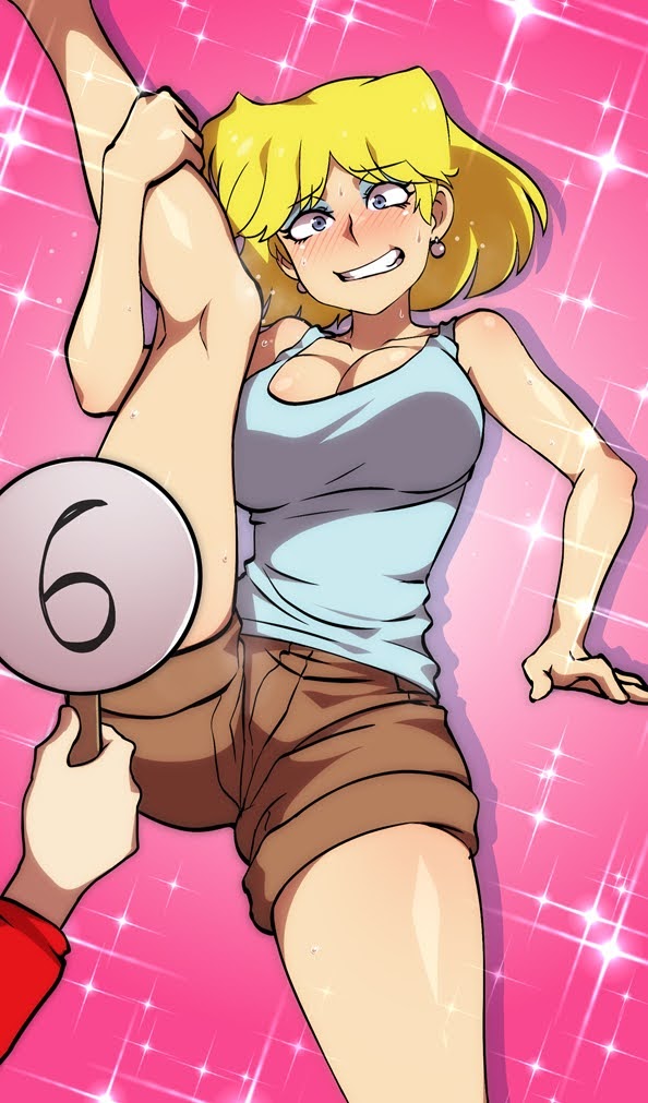 1girls big_breasts blonde_hair blue_eyes breasts cleavage embarrassed female female_focus female_only jcm2 leg_grab leg_lift leg_up lori_loud pink_background rating shorts solo sparkles spread_legs t-square_position tagme the_loud_house