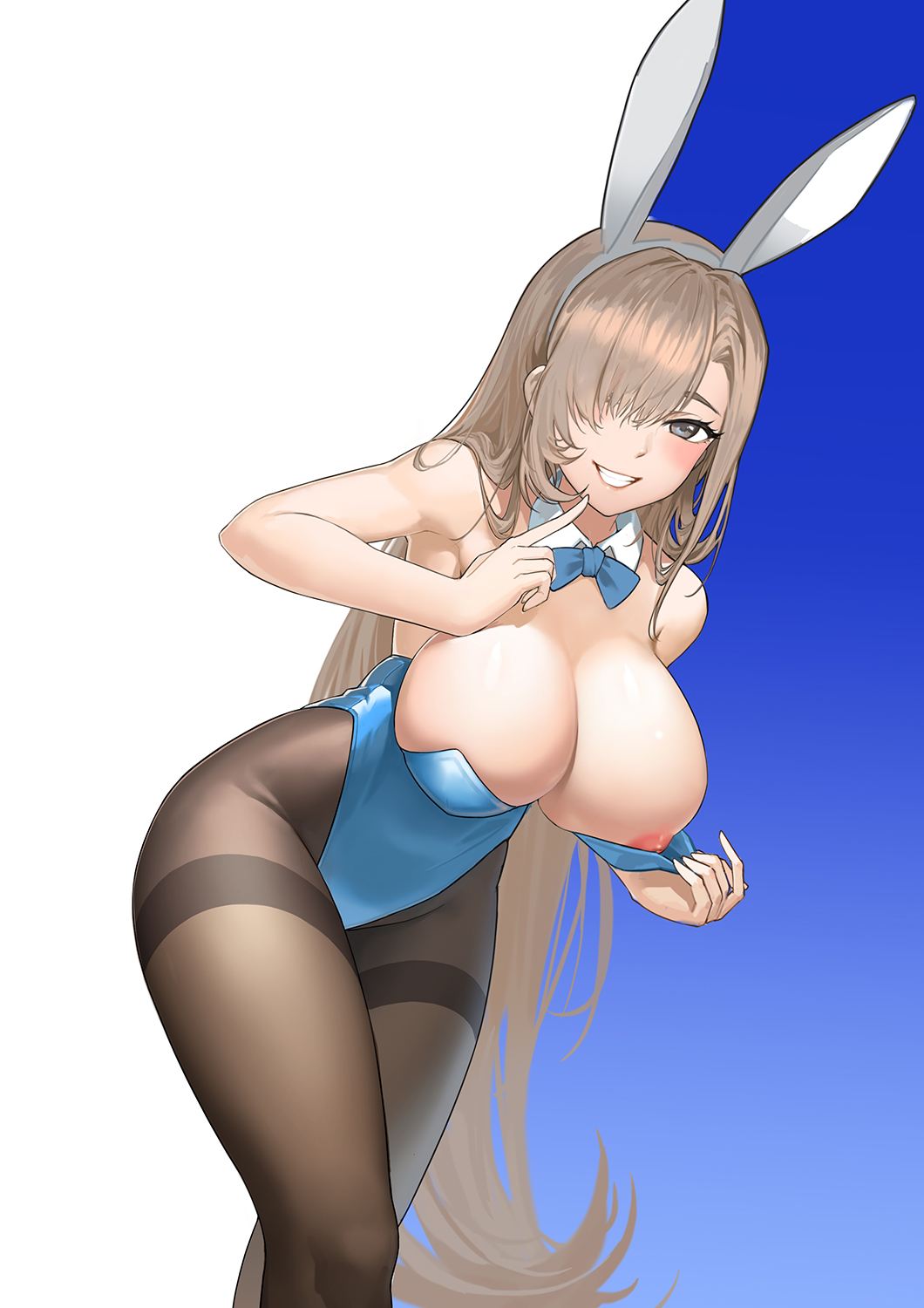1girls, 2021, animal ears, asuna (blue archive), asuna (bunny) (blue archive), bare shoulders, black legwear, blonde hair, blue archive, blush, bow, bowtie, breasts, cleavage, detached collar, fake animal ears, female, female focus, female only, grey eyes, grin, hair over one eye, highres, large breasts, long hair, looking at viewer, millennium science school student, nero (nilu), nipples, pantyhose, playboy bunny, rabbit ears, showing off, smile, solo, solo female, solo focus, thighband pantyhose