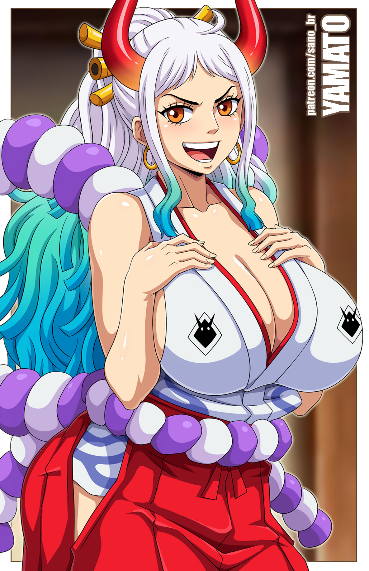 1girls, alternate breast size, bangs, bare shoulders, big breasts, blue hair, breasts, brown eyes, character name, cleavage, clothed, clothing, curvaceous, curvy, curvy figure, demon horns, ear piercing, earrings, eye contact, eyelashes, female, female only, fully clothed, gradient hair, hair ornament, hakama, hands on breasts, hi res, high resolution, highres, hoop earrings, horned humanoid, horns, hourglass figure, huge breasts, humanoid, japanese clothes, large breasts, light skin, light-skinned female, long hair, looking at viewer, multicolored hair, off shoulder, one piece, oni, oni female, oni horns, open mouth, open smile, orange eyes, patreon username, revealing clothes, sano-br, shounen jump, sideboob, sidelocks, simple background, solo, solo female, standing, tongue, two-tone hair, upper body, upper teeth, v-shaped eyebrows, white hair, white-haired female, wide eyed, wide hips, yamato (one piece)