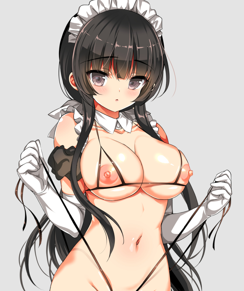 bangs bikini black_eyes black_hair blunt_bangs blush breasts collarbone commentary_request cowboy_shot cupless_bikini detached_collar elbow_gloves emily_(pure_dream) eyebrows_visible_through_hair female gloves grey_background grey_eyes groin large_breasts long_hair looking_at_viewer maid_headdress navel nipples open_mouth original out-of-frame_censoring shiny shiny_hair simple_background solo swimsuit untied untied_bikini white_gloves