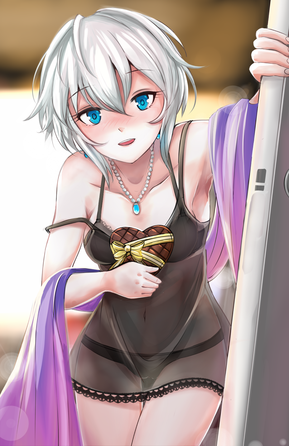 anastasia_(idolmaster) aqua_eyes armpit belly_button black_bra black_panties blush bra door earrings eyebrows eyelashes eyelashes_visible_through_hair female female_only gift gift_box hair_between_eyes heart_shaped_box holding_gift idolmaster idolmaster_cinderella_girls indoors jewelry lingerie looking_at_viewer necklace nonoririn off_shoulder open_mouth panties pearl_necklace see_through short_hair silver_hair strap_slip yellow_bow