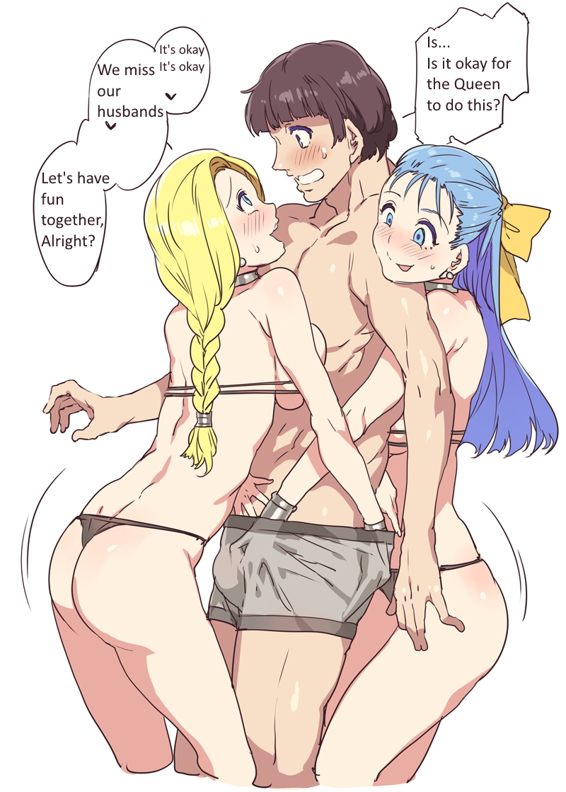 1boy 2girls ass ass_grab ass_grab_under_clothes bianca_whitaker blonde_hair blue_eyes blue_hair blush bow boxers braid breast_press breasts cheating_wife choker closed_mouth commentary_request dragon_quest dragon_quest_v earrings english_text erection eyebrows flora_(dragon_quest) girl_sandwich groping_penis hair_ornament hairbow hand_in_pants hand_under_clothes hand_under_shorts hard_translated jewelry large_breasts long_hair looking_at_another medium_breasts mizuryuu_kei motion_lines multiple_girls nera_briscoletti netorare open_mouth panties pippin_(dq5) reach_around royalty sandwiched shiny shiny_hair shiny_skin shorts simple_background single_braid smile standing straight teeth thong threesome tongue tongue_out translated tuppence_(dragon_quest_v) underwear upper_teeth white_background