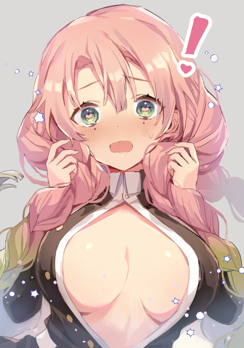 !, 1girls, bangs, black jacket, blush, braids, breasts, center opening, demon slayer, eyebrows visible through hair, female, gradient hair, green hair, heart-shaped pupils, jacket, kanroji mitsuri, kimetsu no yaiba, large breasts, long hair, long sleeves, looking at viewer, mole, mole under eye, multicolored hair, open clothes, open mouth, open shirt, pink hair, pink-haired female, solo, upper body, vivi (eve no hakoniwa)