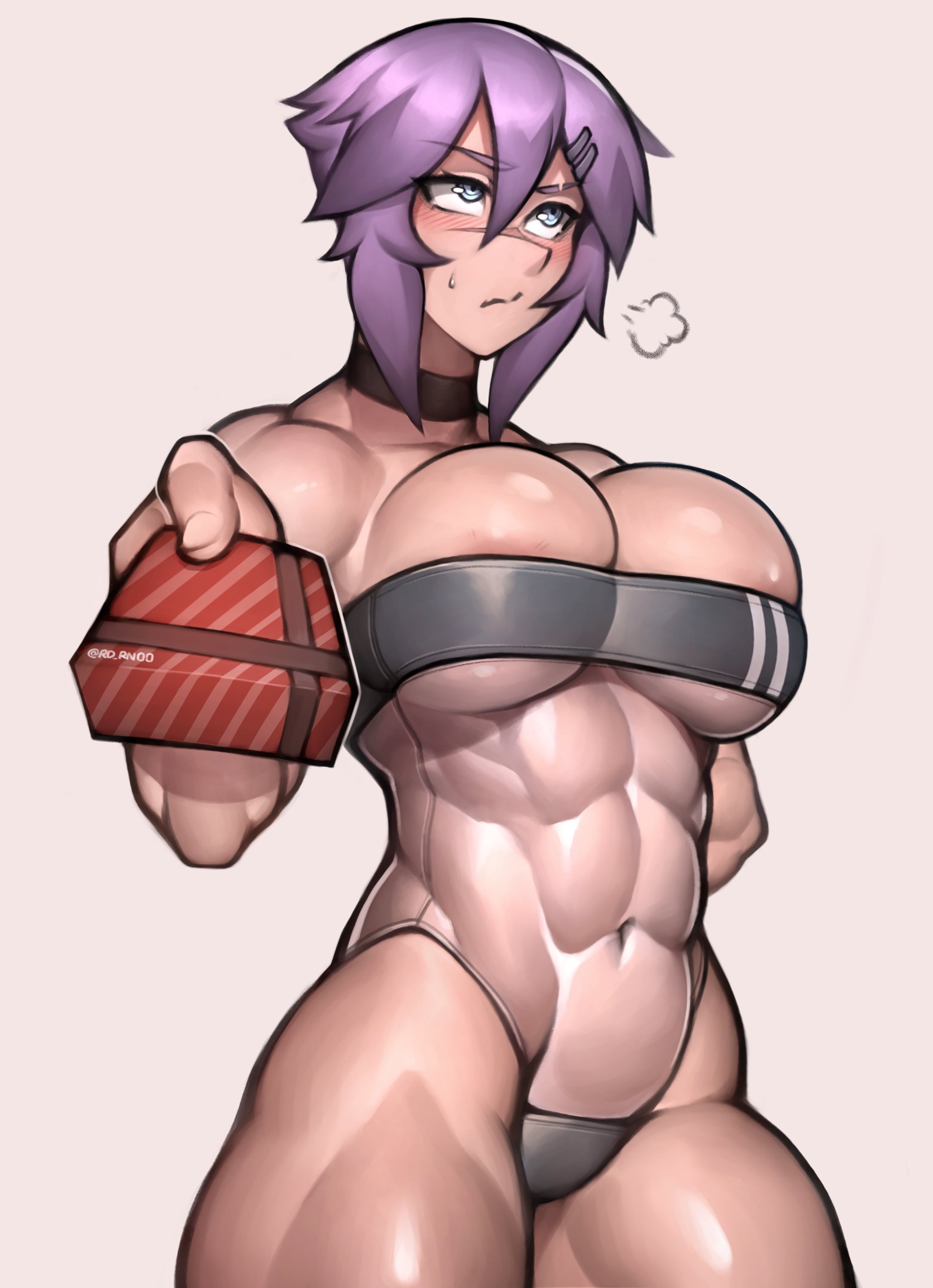 1girls, abs, artist signature, big breasts, blush, breasts, embarrassed, female, female only, gris swimsuit, maya (roadi3), muscular, muscular female, original, purple hair, revealing clothes, revealing swimsuit, roadi3, swimsuit, tomboy, tsundere