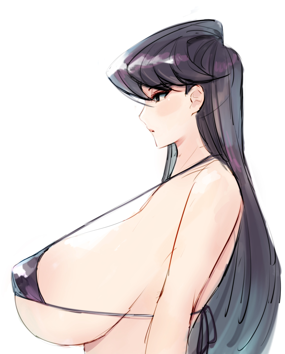 1girls 2021 alternate_breast_size big_breasts bikini bikini_top black_hair bra breasts cleavage dark_hair female female_only huge_breasts junkpuyo komi-san_wa_komyushou_desu komi_shouko light-skinned_female light_skin long_hair massive_breasts nipple_bulge only_female side_view sideboob simple_background solid_color_background solo solo_female swimsuit white_background