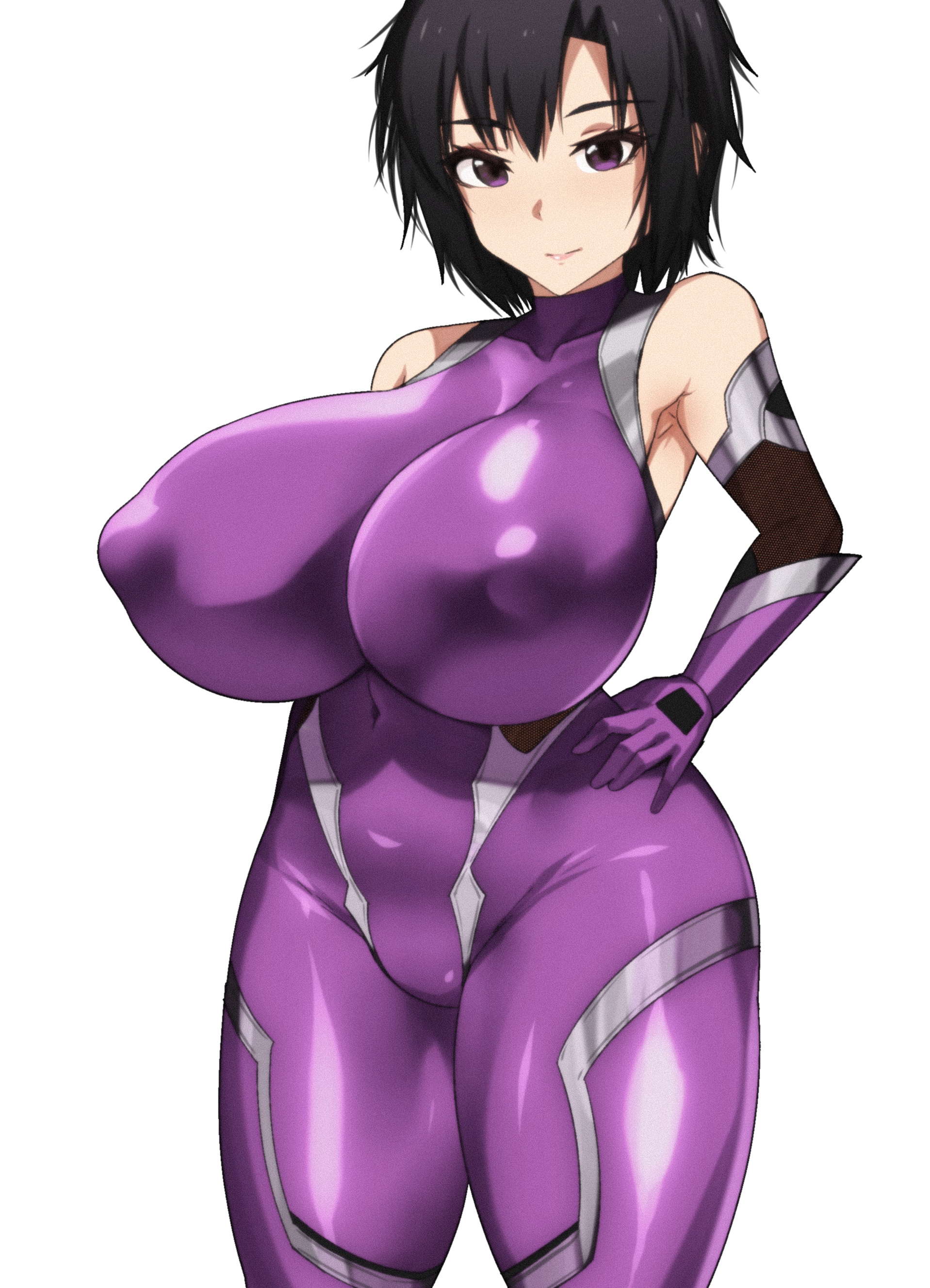 1girls, alternate breast size, black hair, bodysuit, breasts, female, hand on hip, hi res, huge breasts, idolmaster, kikuchi makoto, kumako (kumakonoh), purple eyes, short hair, skin tight, solo, taimanin (series), taimanin suit, white background