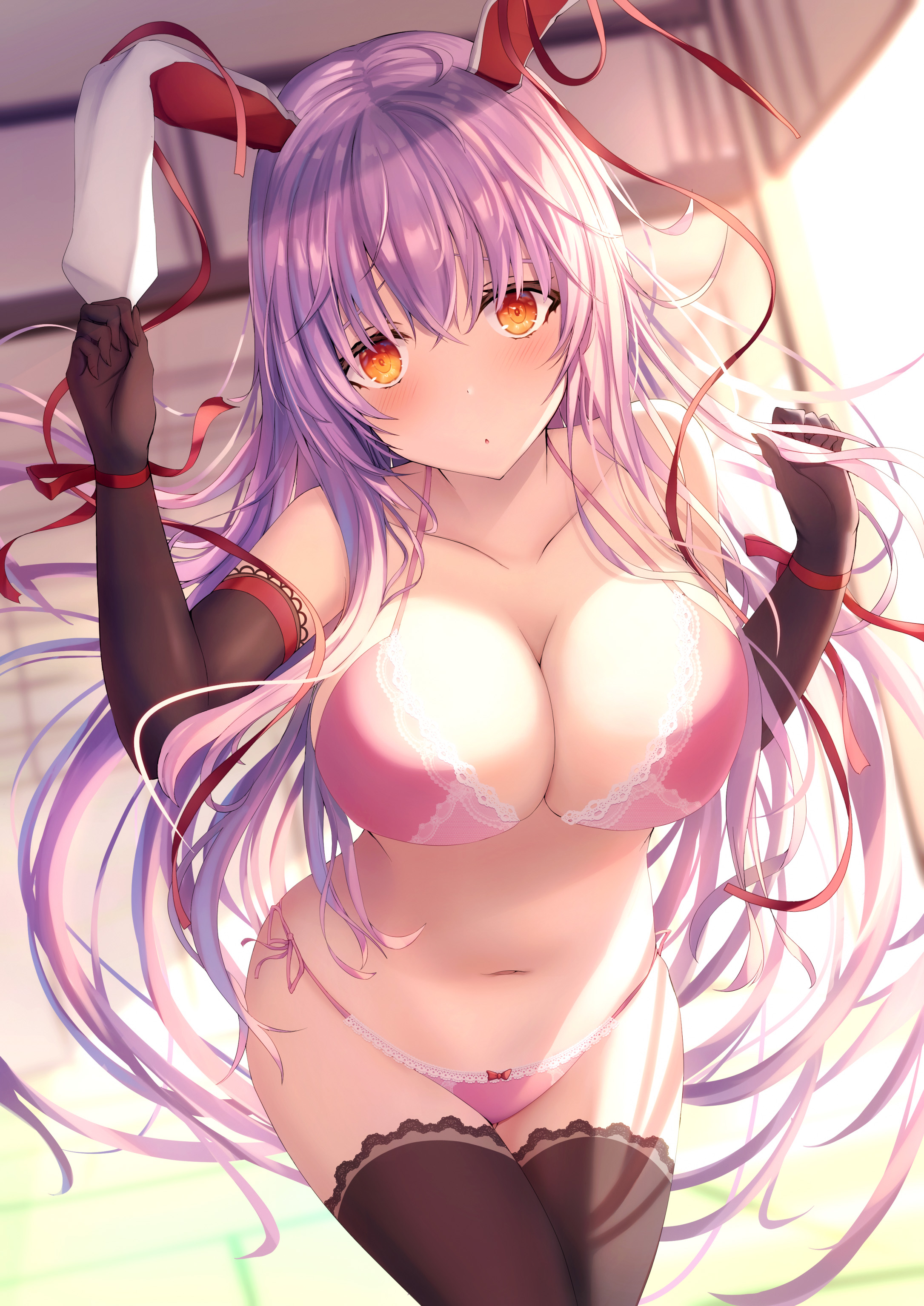 animal ears, blush, bow panties, breasts, bunny ears, bunny girl, female, gloves, large breasts, legwear, lingerie, liya, long hair, looking at viewer, navel, orange eyes, panties, pink panties, purple hair, reisen udongein inaba, side-tie panties, standing, tagme, tail, thighhighs, touhou, very long hair
