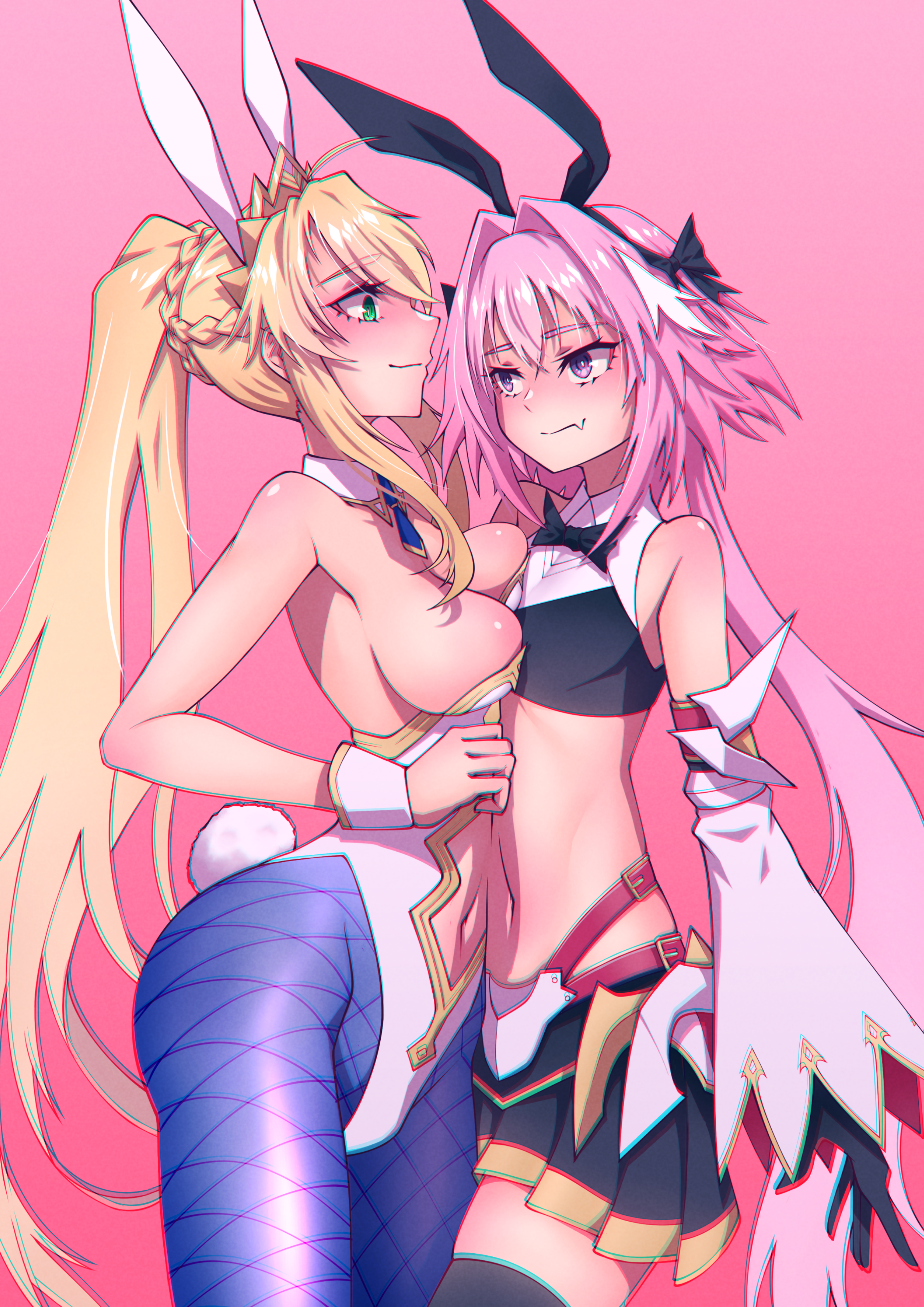 1boy, 1girls, artoria pendragon, artoria pendragon (lancer), artoria pendragon (swimsuit ruler), astolfo (fate), big breasts, blonde hair, blush, breasts, bunny ears, bunny tail, bunnysuit, cucked by femboy, cuckold, fate (series), fate/grand order, female, femboy, femboy with female, femboy/female, femboydom, girly, hej, male, milf, otoko no ko, pink background, pink hair, standing, straight, thick thighs, thighs, trap