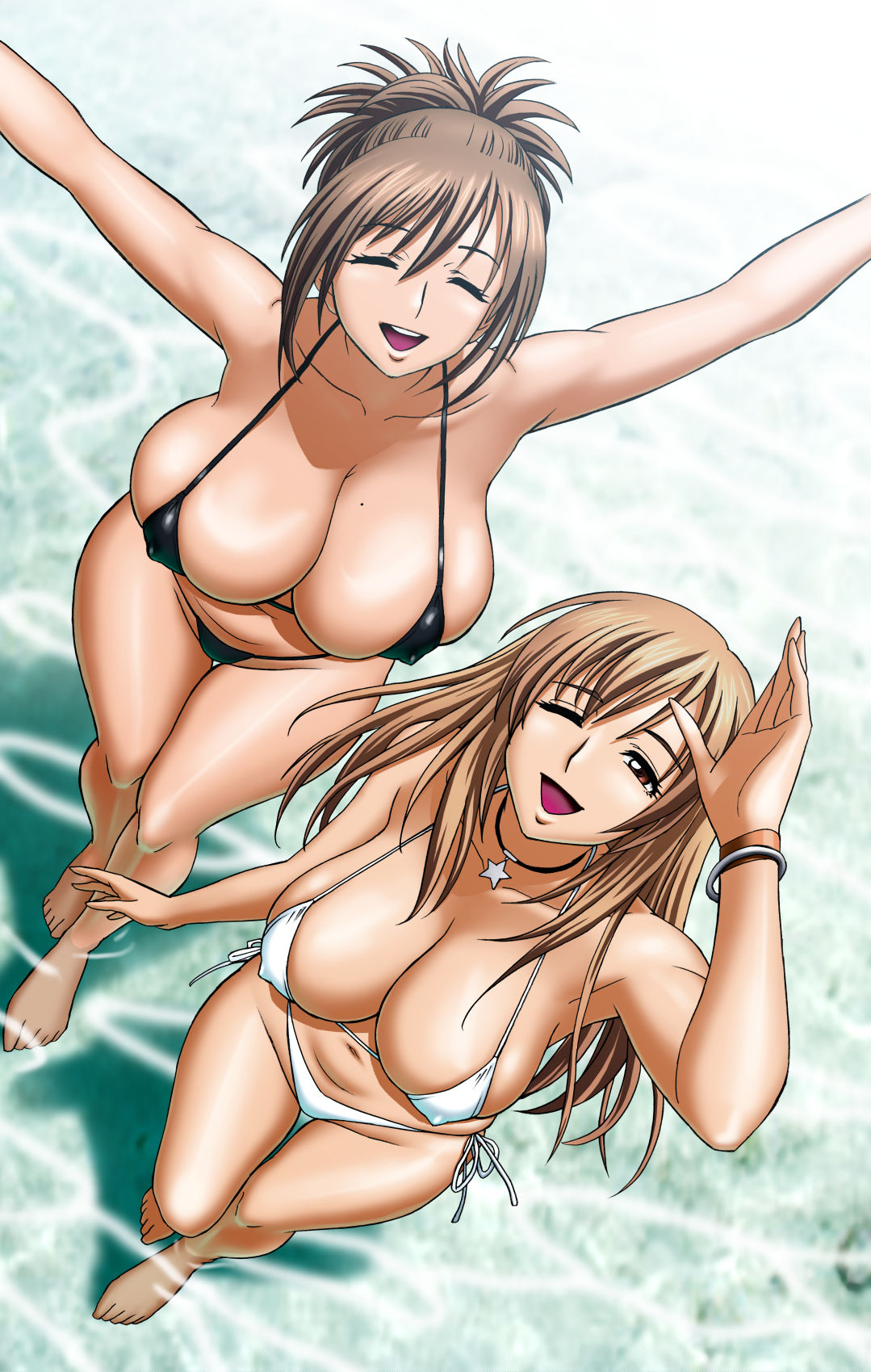 2girls ^_^ aqua_background armpits arms_up bare_shoulders barefoot beach bikini black_bikini black_swimsuit black_thong_bikini bracelet breasts brown_eyes brown_hair bursting_breasts choker cleavage closed_eyes collarbone covered_erect_nipples curvaceous daytime erect_nipples erect_nipples_under_bikini erect_nipples_under_swimsuit eyebrows_visible_through_hair facing_up facing_viewer feet fingers from_above full_body fusano_fumie fusano_tomoka happy high_resolution highres hourglass_figure huge_breasts huge_nipples jewelry long_hair looking_at_viewer looking_up micro_bikini micro_bikini_bottom micro_bikini_top milk_junkies_2 mole mole_on_breast multiple_girls navel necklace nipples_bulge ocean one_eye_closed open_mouth outdoors puffy_nipples shadows shallow_water short_hair siblings side-tie_bikini sisters standing star_(symbol) star_choker star_necklace sunlight swimsuit tatsunami_youtoku toes upper_teeth wading water white_bikini wink winking_at_viewer