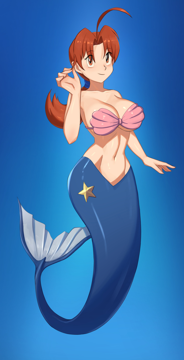 1girls, 2021, alternate version available, barleyshake, big breasts, blue tail, breasts, cleavage, commission, delia ketchum (pokemon), female, female only, hair, jpeg, merfolk, mermaid, mermaid tail, milf, pokemon, pokemon (anime), seashell bra, solo, tagme