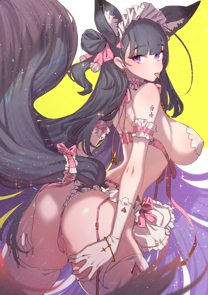 animal_ears ass back bangs bare_shoulders black_hair blunt_bangs blush breasts covered_erect_nipples eyebrows_visible_through_hair eyeliner female fox_ears fox_tail frills gloves long_hair looking_at_viewer makeup original panties particles_(artist) pink_panties purple_eyes tail tajima_ryuushi thighhighs underwear white_gloves