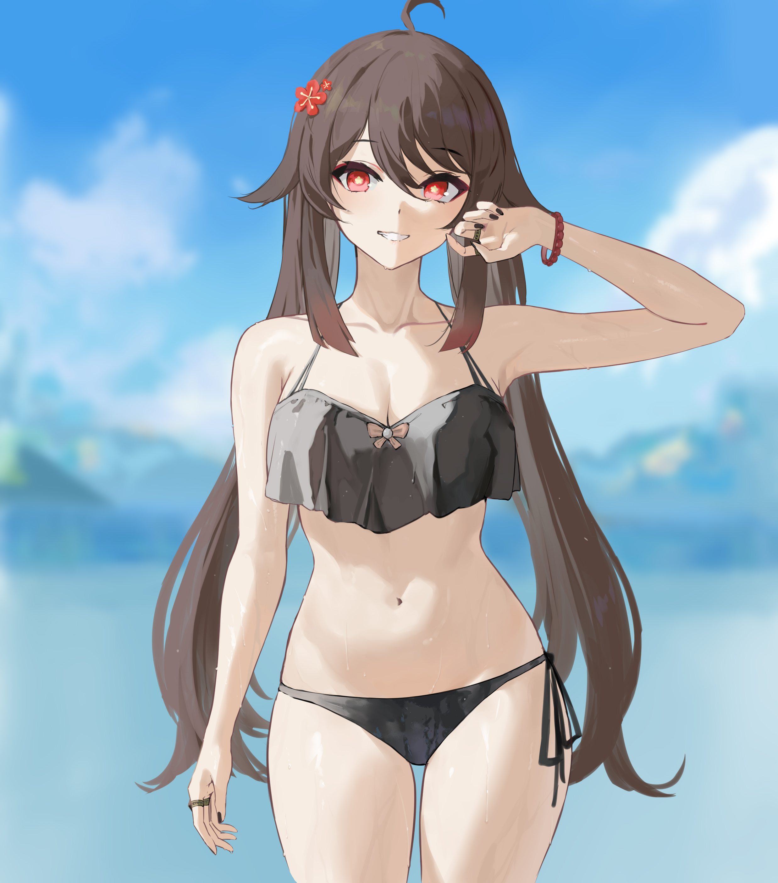 1girls, beach, bikini, black bikini, black nails, breasts, brown hair, cleavage, cowboy shot, cute, female, female only, genshin impact, hi res, hu tao (genshin impact), human, liangfen, light skin, light-skinned female, looking at viewer, midriff, nail polish, navel, pale skin, pale-skinned female, red eyes, seductive, small breasts, smile, swimsuit, thick thighs, twintails, wet, wide hips