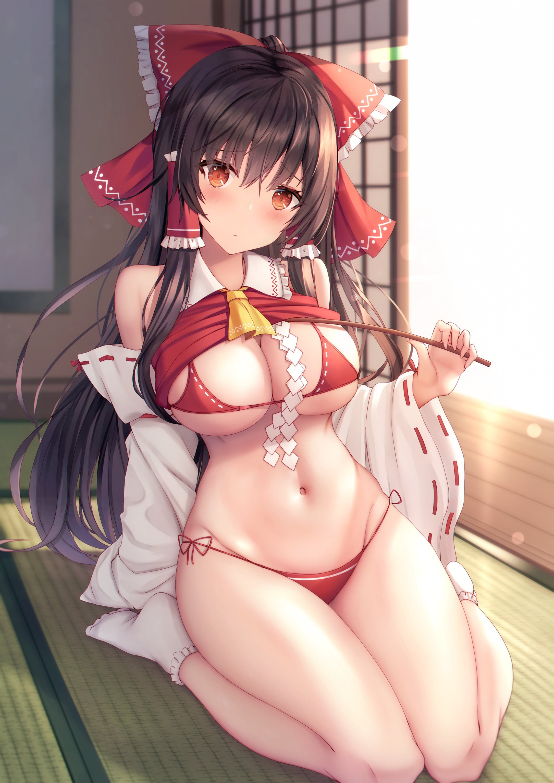 blush, bow, breasts, brown hair, cleavage, female, hairbow, kneeling, large breasts, lingerie, liya, looking at viewer, navel, no pants, orange eyes, panties, red panties, reimu hakurei, shirt, shirt lift, side-tie panties, socks, tagme, touhou