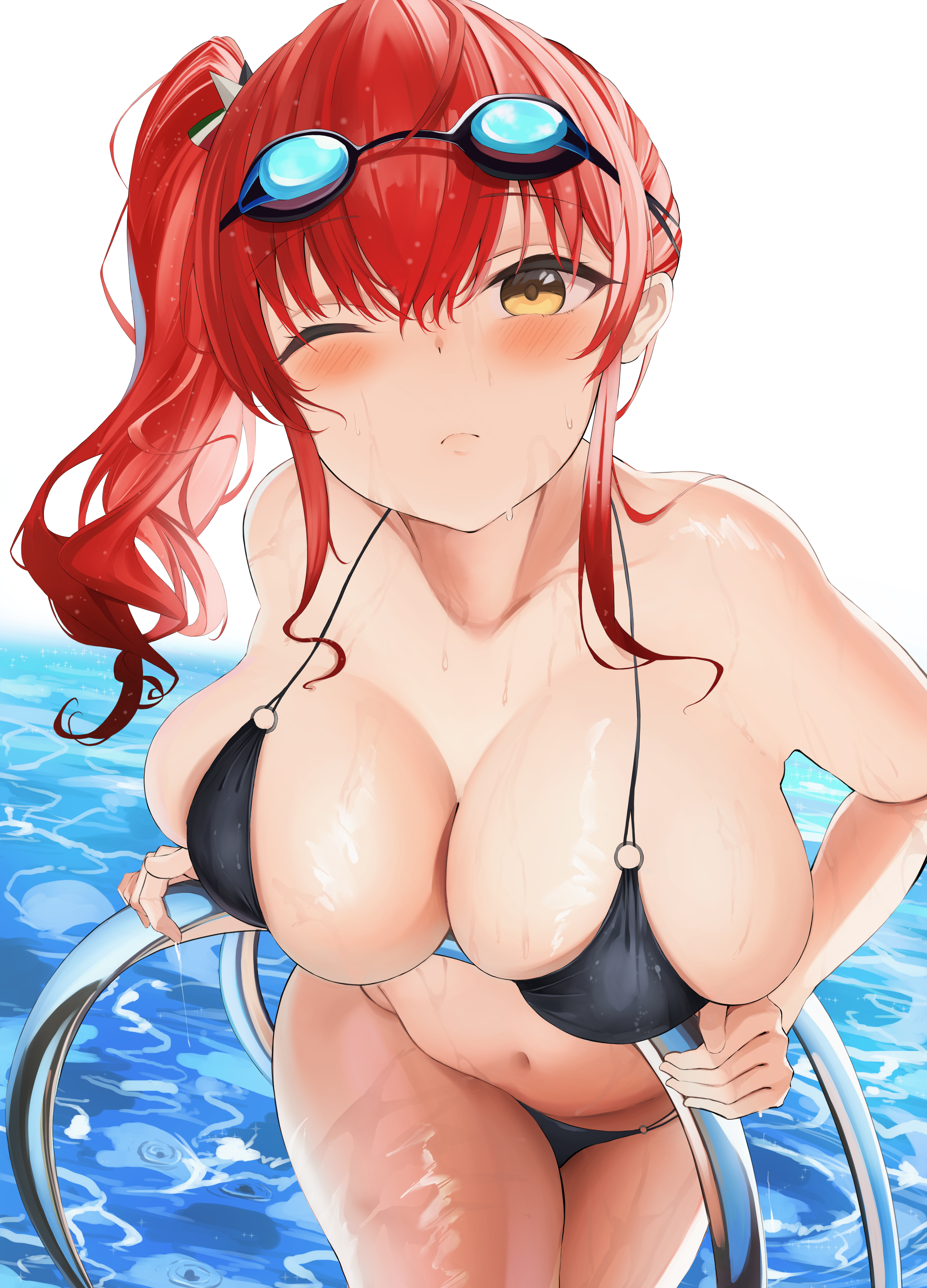 1girls, 2021, absurdres, azur lane, bangs, bare arms, bare shoulders, big breasts, bikini, black bikini, blush, breasts, cleavage, collarbone, female, female focus, female only, goggles, goggles on head, highres, large breasts, long hair, looking at viewer, neneneji, o-ring, o-ring bikini, official alternate costume, one eye closed, pool, red hair, side ponytail, solo, solo female, solo focus, swimsuit, wet, yellow eyes, zara (azur lane), zara (poolside coincidence) (azur lane)