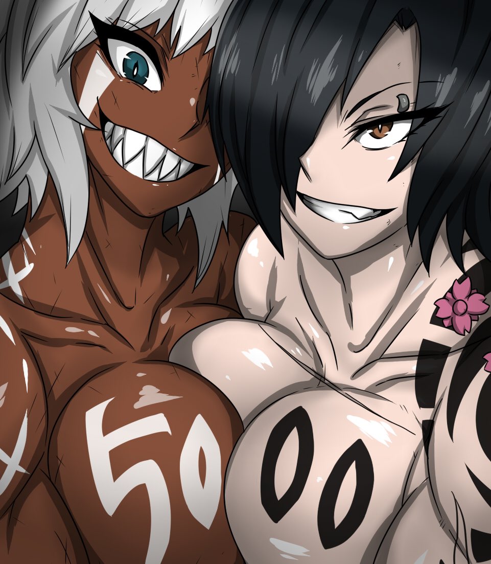 2girls breast_squeeze breast_squish breasts dark-skinned_female dark_skin multiple_girls muscular_female original tagme tattoo tomboy yuko_mizobuti_(zokusuke) zinga_(zokusuke) zokusuke