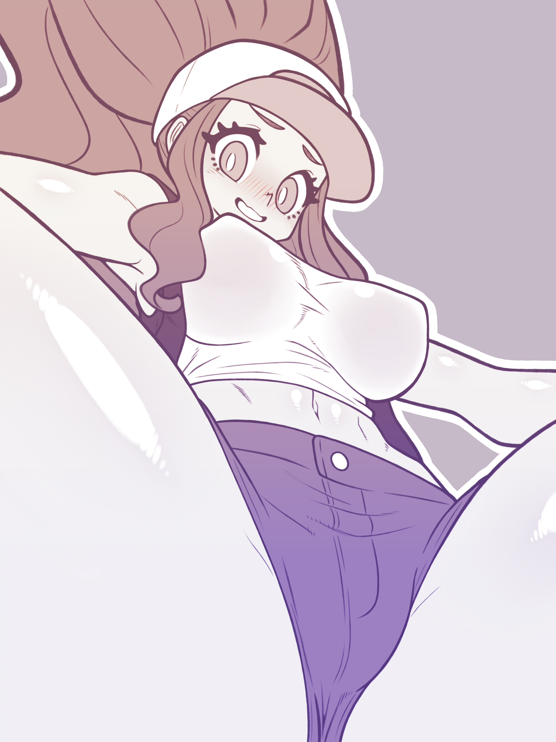 1girls, big breasts, blush, breasts, brown hair, cameltoe, eye contact, female, hat, hilda (pokemon), kaikoinu, looking at viewer, minishorts, nintendo, pokemon, pokemon bw, pussy, shorts, spread legs, thick thighs, thighs, tight clothing