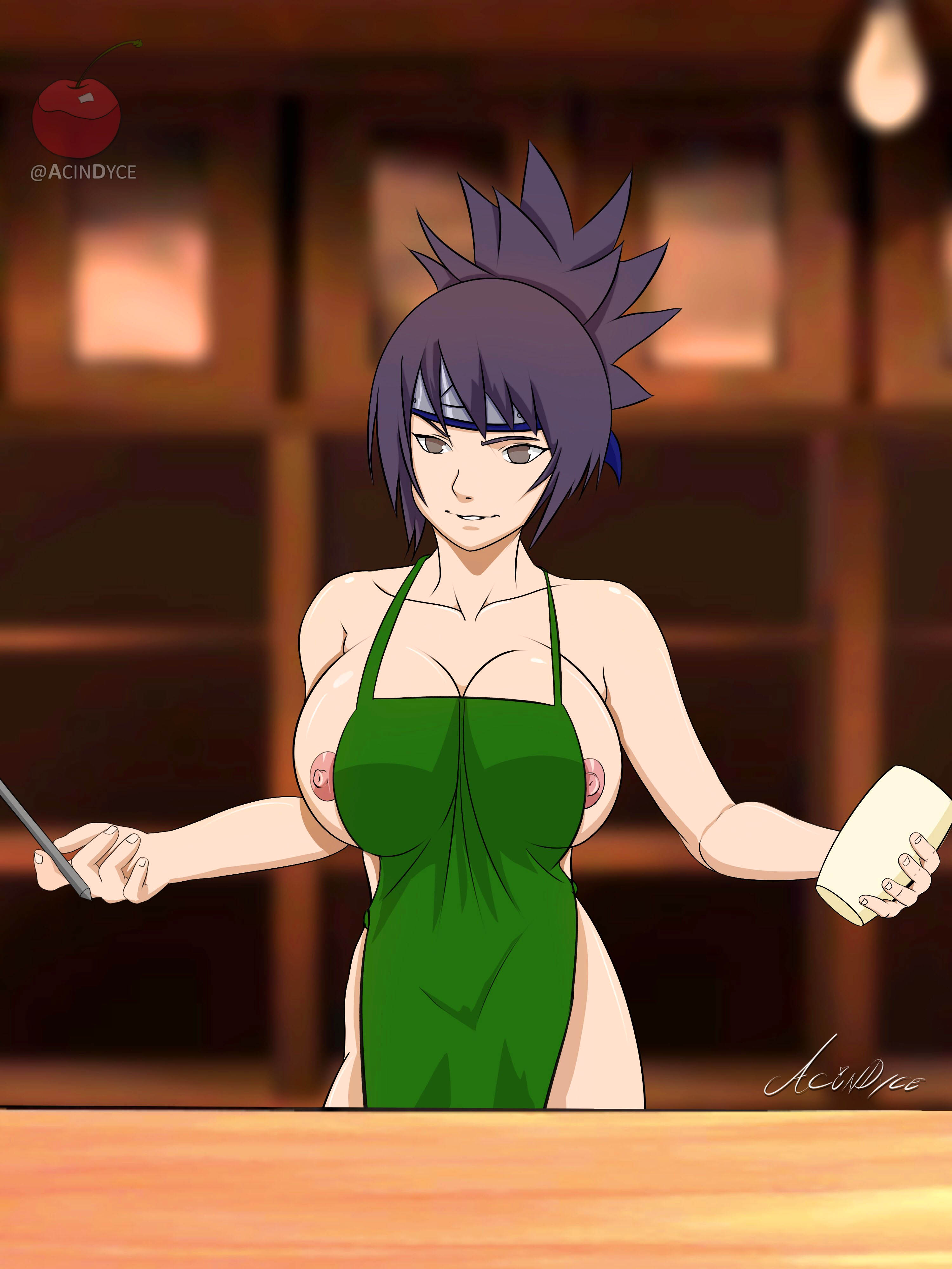 1girls, acindyce (artist), apron, apron only, big breasts, breasts, brown eyes, busty, clothed female, cup, female, forehead protector, functionally nude, headband, holding object, huge breasts, iced latte with breast milk, konohagakure symbol, meme, mitarashi anko, mostly nude, naked apron, naruto, naruto (series), naruto shippuden, nipple slip, nipples, no underwear, pen, ponytail, purple hair, solo, solo female, solo focus, tied hair, waitress