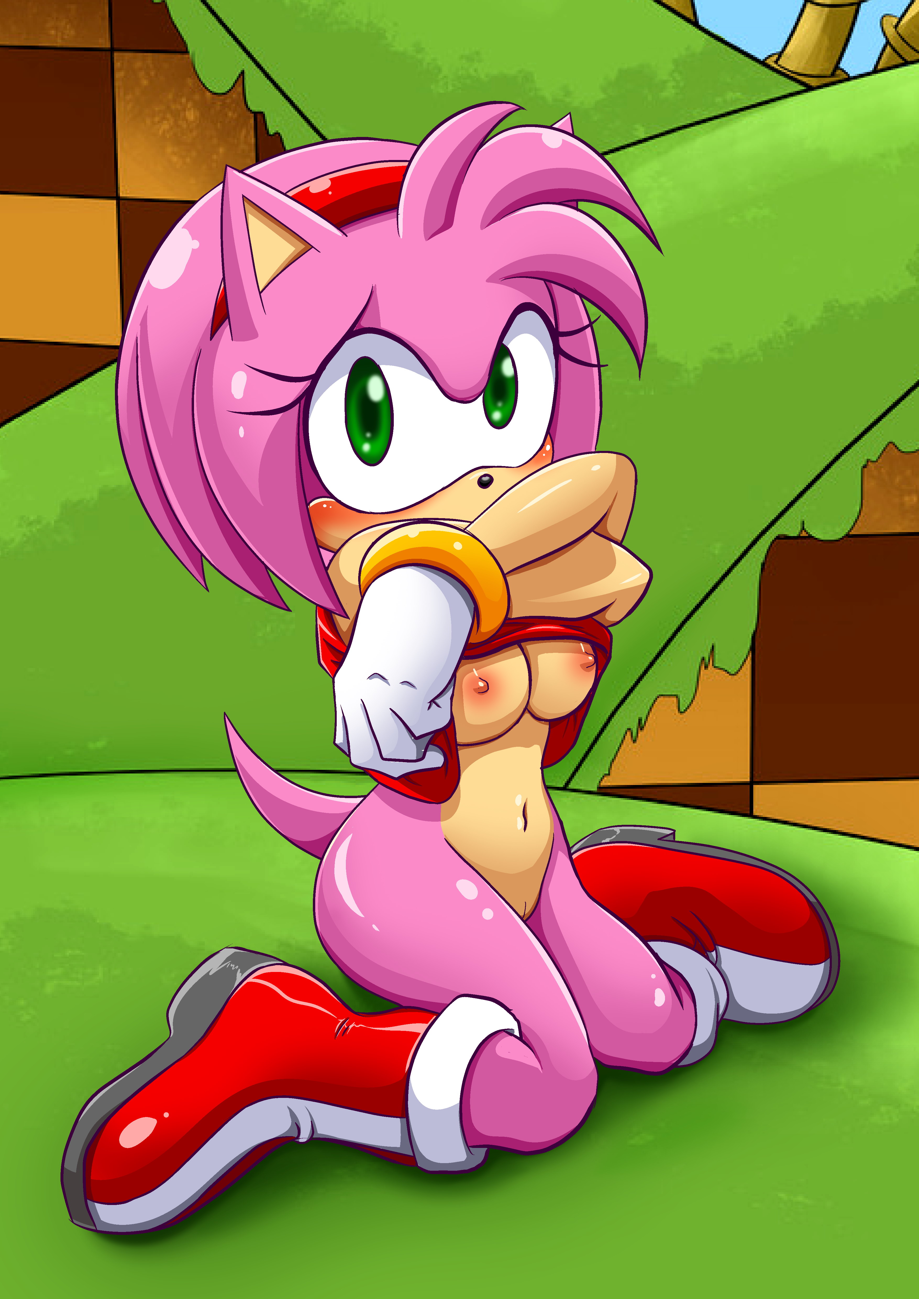 1girls, amy rose, animal ears, anthro, blush, breasts, female, furry, green eyes, nipples, palcomix, shirt lift, solo, solo female, sonic (series)