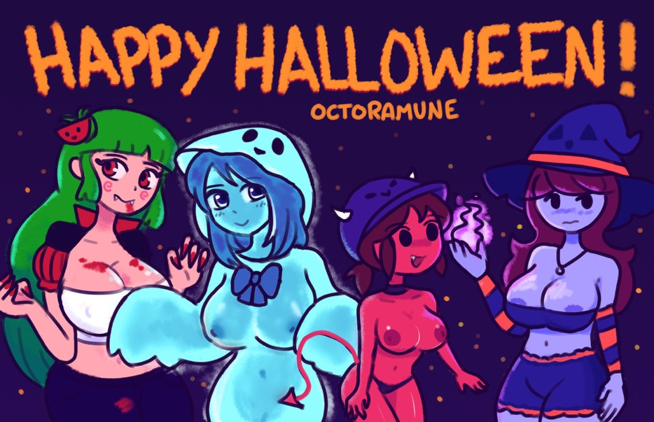 aqua_skin bandeau big_breasts bikini_bottom bow breasts choker detached_sleeves devil devil_girl devil_tail emirichu fangs ghost ghost_girl ghost_onesie green_hair halloween halloween_costume hat hoodie jaiden jaiden_animations jaidenanimations large_breasts magic mob_face navel nipples nipples_visible_through_clothing octoramune open_jacket pink_skin real_person red_nails red_skin shorts straight_bangs swept_bangs temmie_chang topless twitch twitch.tv undertale vampire vampire_girl vannamelon vannamelon_(copyright) violet_skin virtual_youtuber witch witch_hat youtube youtuber