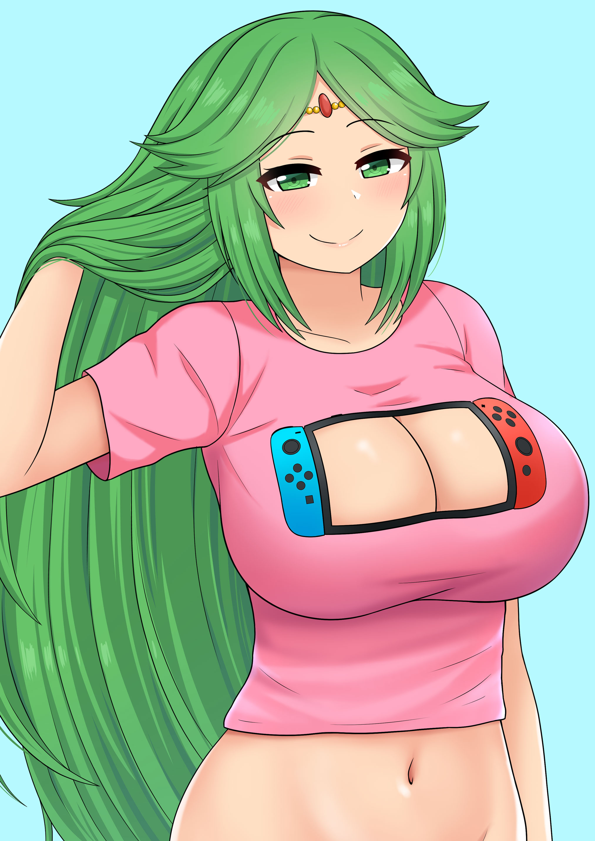 1girls, alternate breast size, alternate outfit, bangs, big breasts, bottomless, breasts, casual, casual clothing, cleavage, cleavage cutout, cute, female, female only, forehead jewel, green eyes, green hair, hair flip, hand behind head, jewelry, kid icarus, kid icarus uprising, large breasts, long hair, navel, nintendo, nintendo switch, no bra, no panties, palutena, parted bangs, pink shirt, shirt, smile, solo, swept bangs, switch console, the only shoe, very long hair