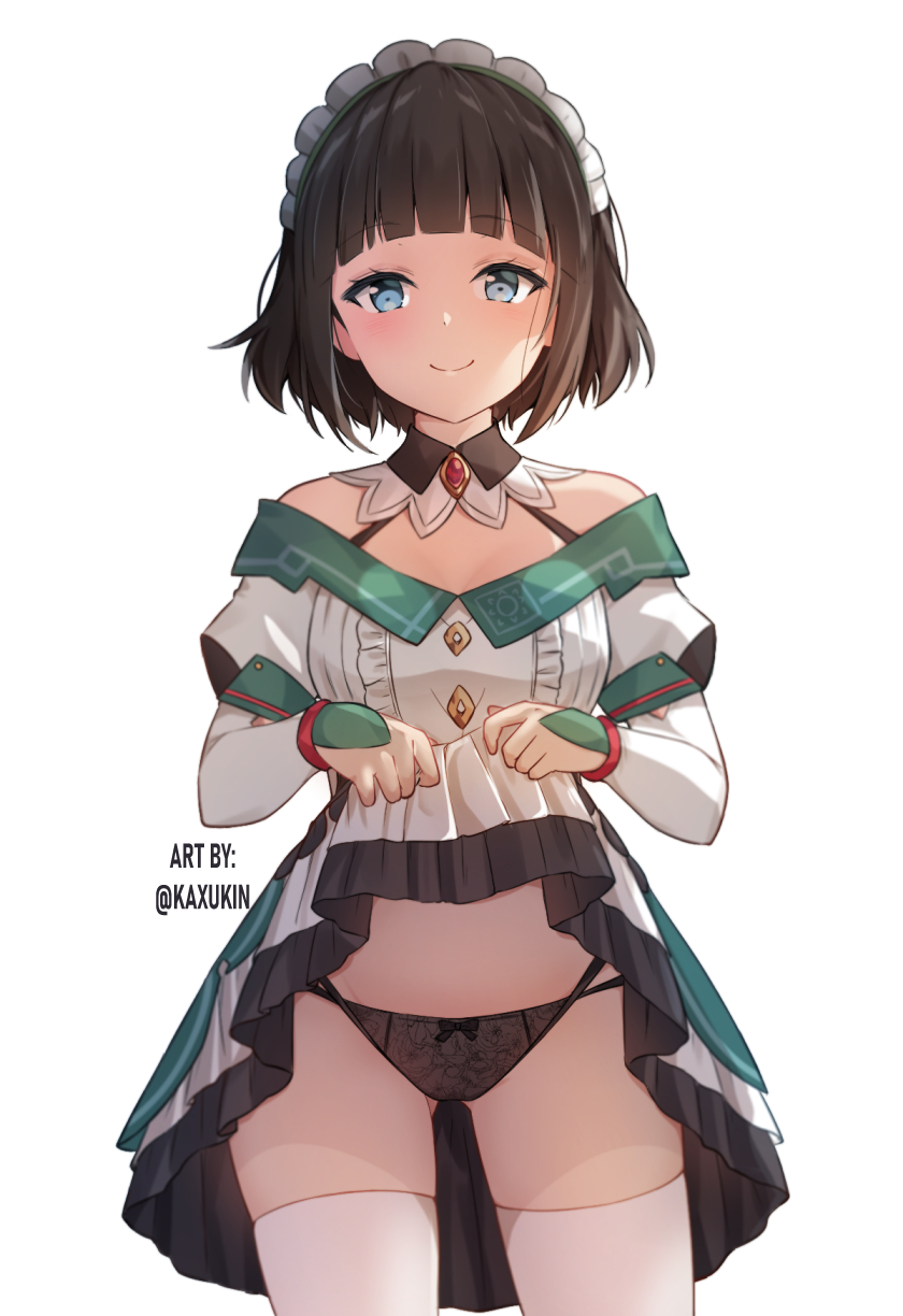 1girls, black hair, black panties, blue eyes, blush, breasts, dress, female, female only, genshin impact, katheryne (genshin impact), kaxukin, lifted by self, light skin, light-skinned female, looking at viewer, npc, npc (genshin impact), panties, short hair, skirt lift, smile, solo, teasing, thighhighs, underwear