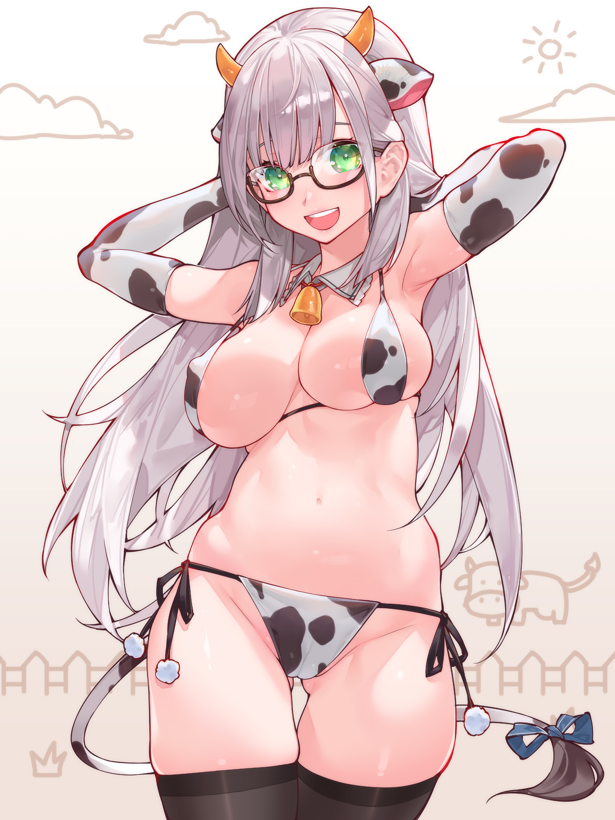 1girls, 2d, ass visible through thighs, bell, belly, belly button, bikini, bikini bottom, bikini top, breasts, cameltoe, cow bikini, cow ears, cow girl, cow horns, cow print, cow print bikini, cow tail, cowbell, female, female focus, female only, glasses, gloves, green eyes, hololive, hololive fantasy, hololive japan, large breasts, light skin, light-skinned female, long hair, looking at viewer, navel, nipple bulge, pussy, shirogane noel, side-tie bikini, silver hair, smile, smiling, solo, thick thighs, thighhighs, virtual youtuber, waterring
