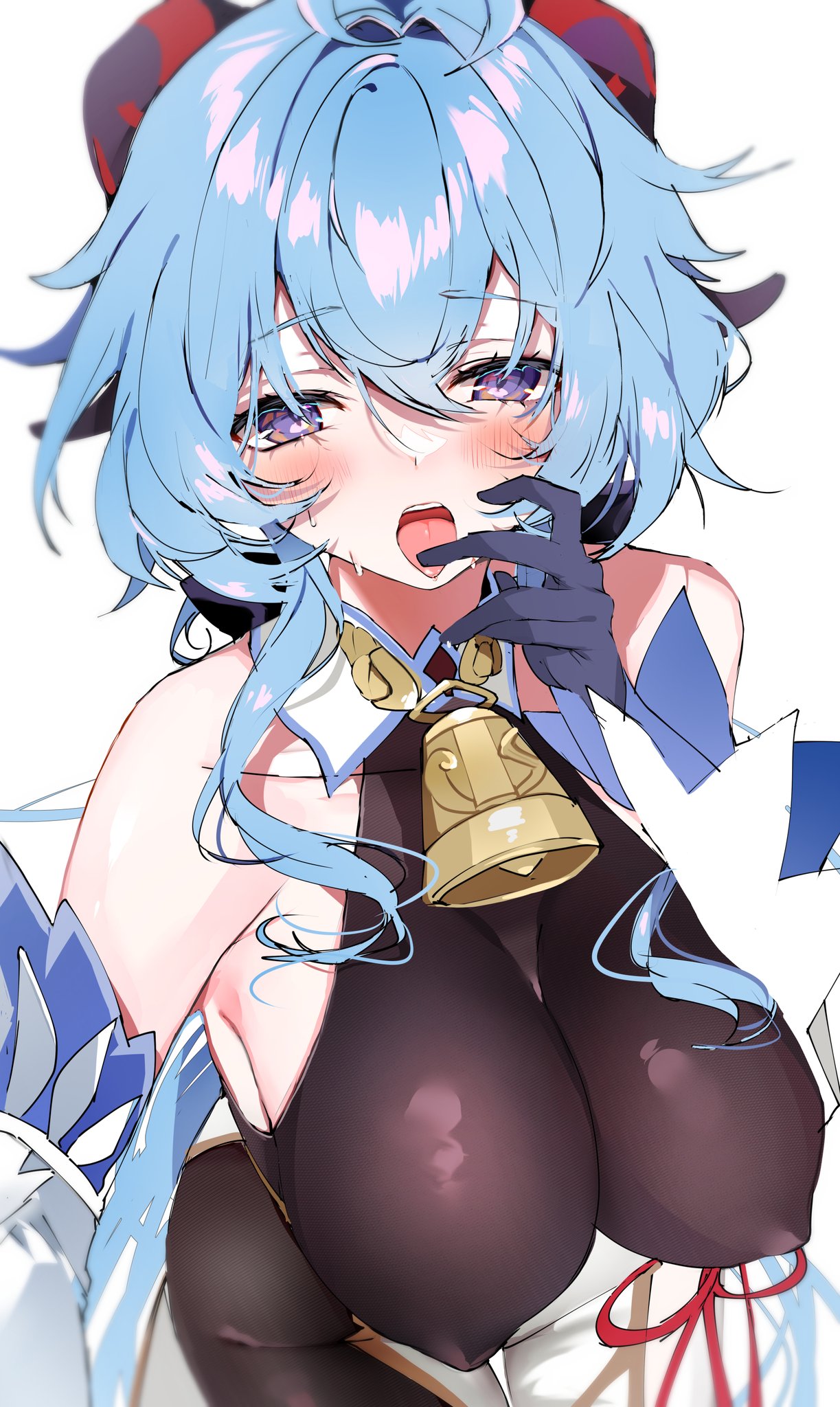 adeptus big_breasts blue_hair breasts chinese_clothes cowbell ganyu_(genshin_impact) genshin_impact horns nipples purple_eyes qilin sukiyaki tight_clothing tongue tongue_out