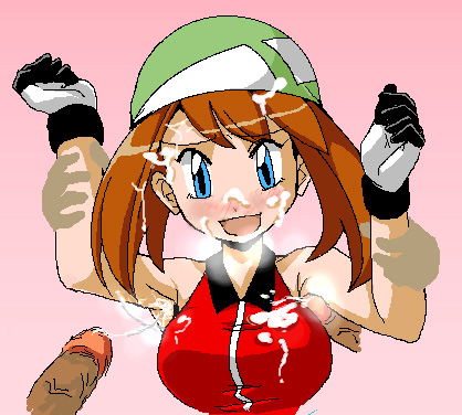 1girls 2boys armpit_sex armpits bandana blue_eyes blush brown_hair cum_on_armpit cum_on_face cum_trail dick female gloves green_bandana jouwan lowres may_(pokemon) may_(pokemon_emerald) nintendo pokemon pokemon_rse veiny_penis