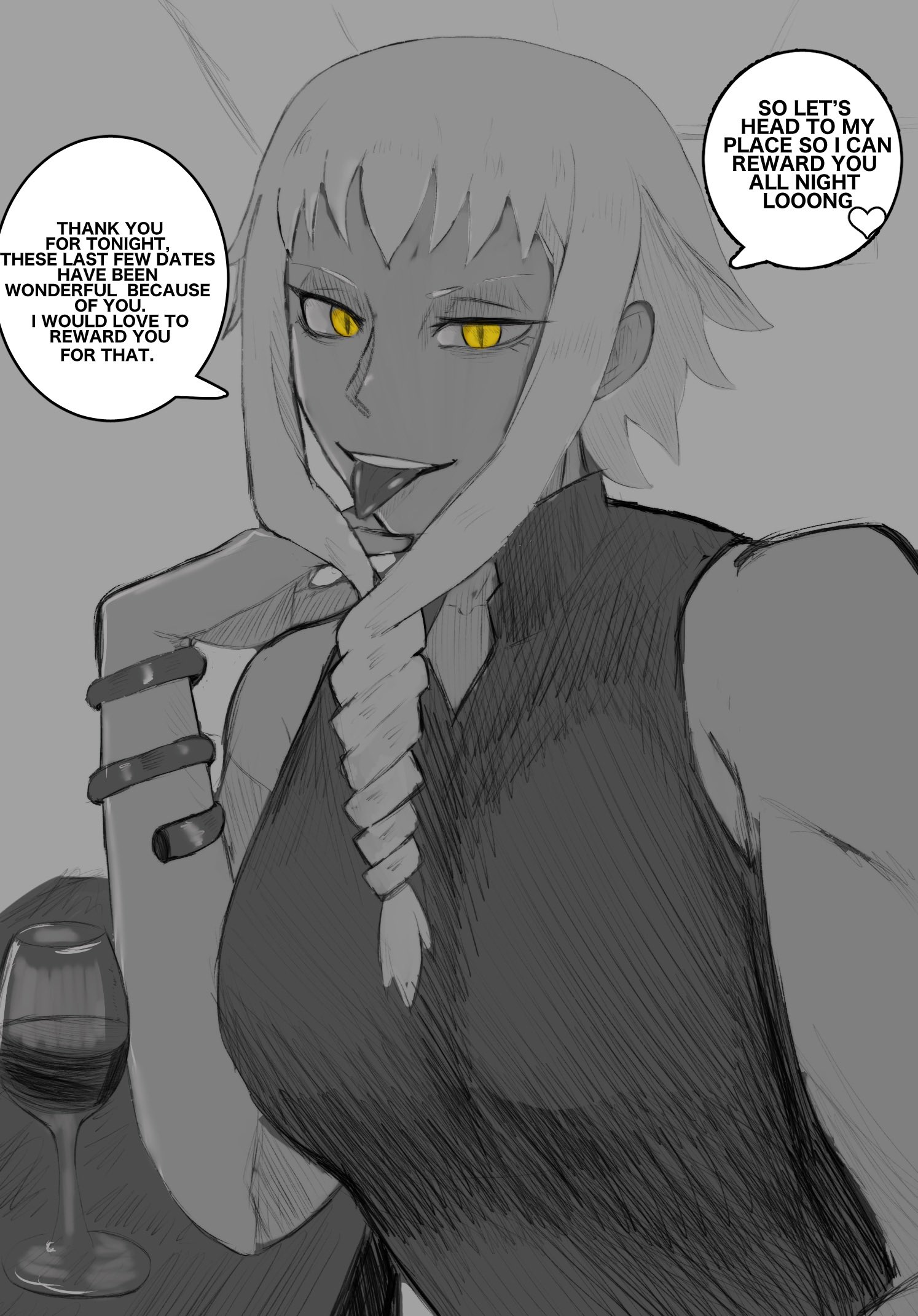 1girls, english text, female, female only, imminent sex, looking at viewer, medusa gorgon, mobi mobi, simple background, solo, soul eater, wine, yellow eyes