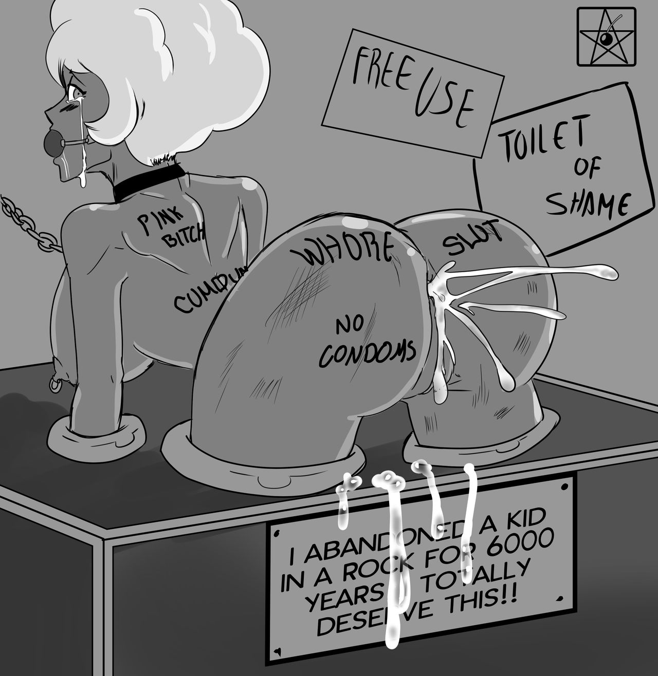 alien, alien girl, anal, ass, ball gag, big ass, big breasts, big butt, big hips, big thighs, body writing, bondage, breasts, collar, crying, cum, cum drip, cum dump, cum in anus, cum in ass, cum inside, cumdump, degradation, degradation text, diamond authority, estella comics, female, female focus, female only, femsub, free use, gag, gagged, gem (species), hourglass figure, huge ass, huge breasts, huge butt, huge hips, huge thighs, human toilet, humiliated, humiliation, leash, mannyestella, monochrome, mrestella, nipple piercing, nipples, piercing, pink diamond (steven universe), public use, punishment, steven universe, toilet, wide hips