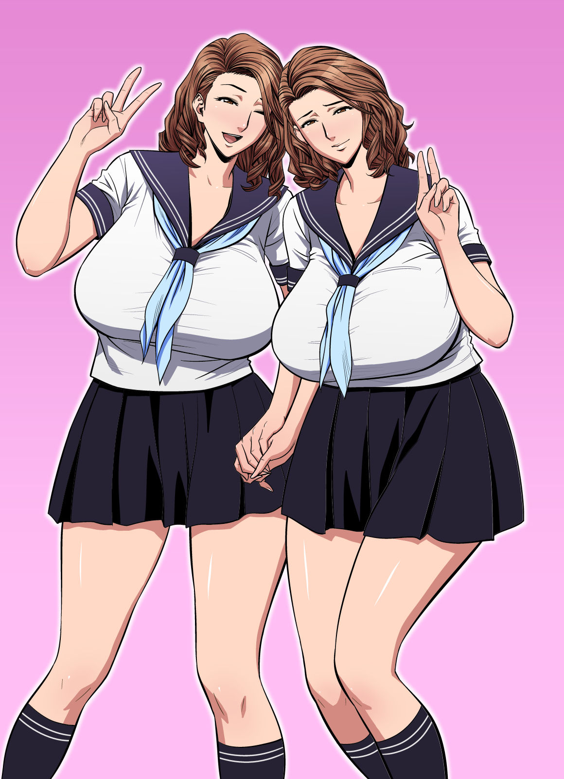 2girls 2milfs breasts brown_eyes brown_hair hand_signs high_resolution highres holding_hands huge_breasts makeup matching_hair/eyes matching_hair_and_eye_color matching_hair_and_eyes mature_female milf miniskirt mishima_yumi multiple_girls one_eye_closed ootake_nami original original_characters pink_background plain_background school_uniform schoolgirl_uniform serafuku siblings simple_background sisters skirt smile socks standing tatsunami_youtoku twin_milf twin_sisters twins v