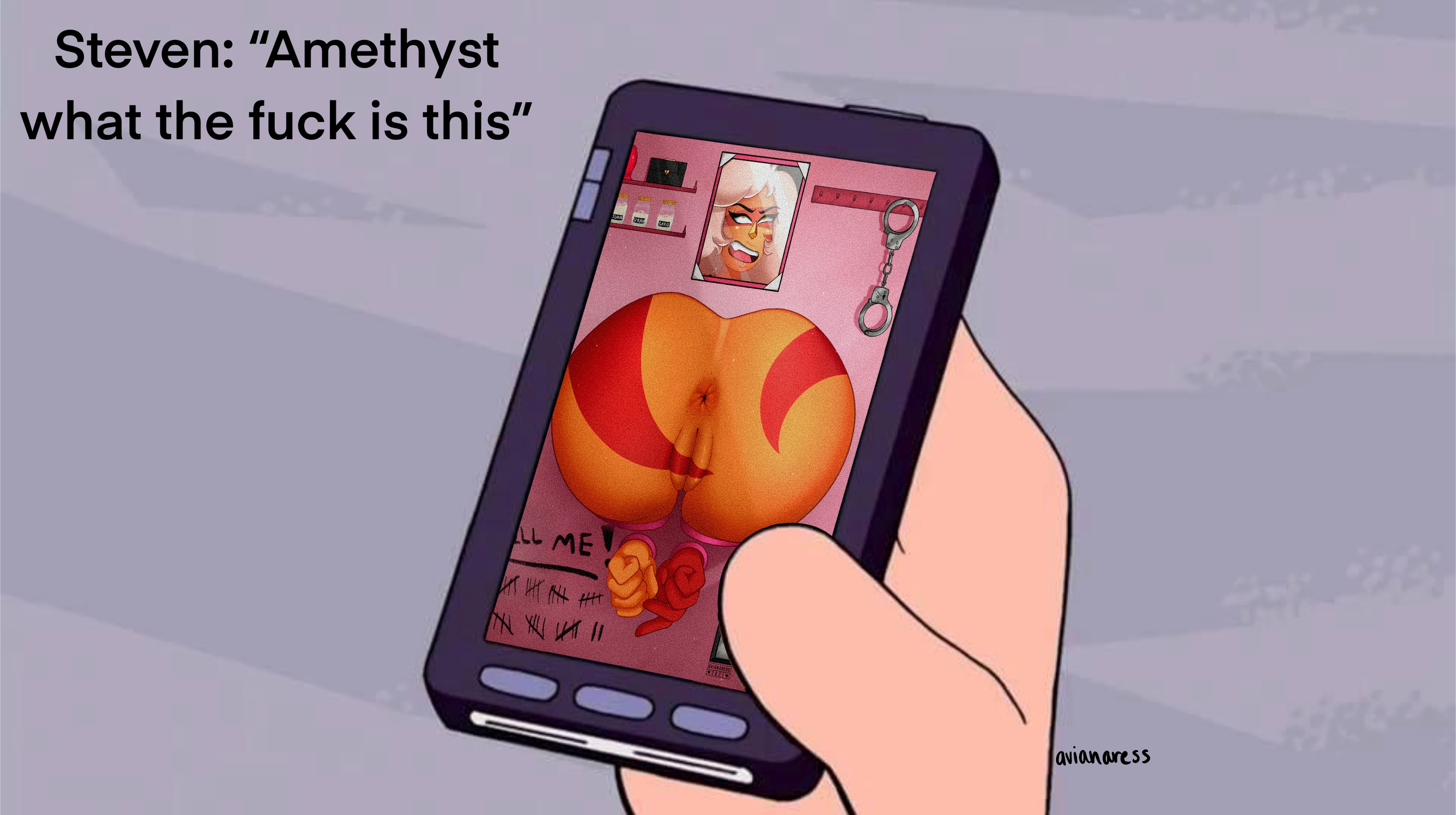 anus, ass, avianaress, big ass, big butt, cartoon network, dialogue, edit, female, funny, jasper (steven universe), male, meme, phone, phone screen, steven quartz universe, steven universe, through wall, unseen male face