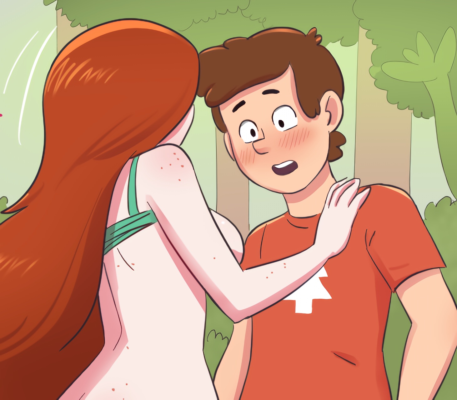 1boy, 1girls, blush, cubedcoconut, dipper pines, disney, disney channel, disney xd, female, freckles, gravity falls, male, male/female, pine tree (symbol), red hair, smooth skin, tank top, tank top lift, wendy corduroy