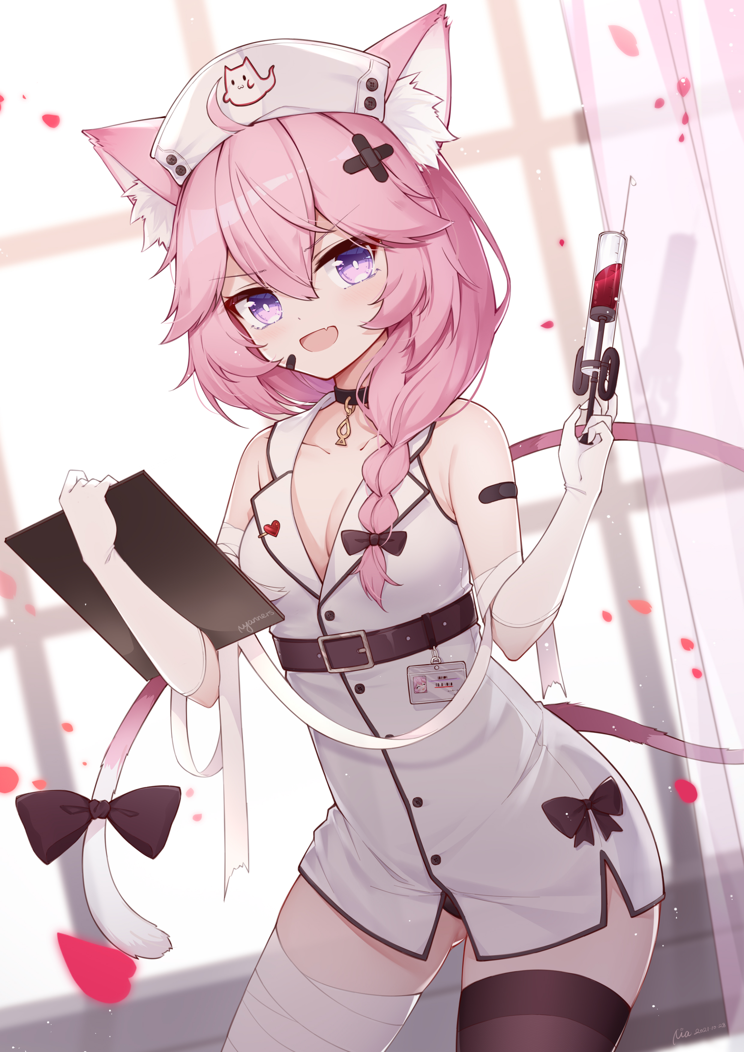 braid, cat ears, cat girl, female, nia 0703, nurse, nurse uniform, nyatasha nyanners, pink hair, syringe, tagme, virtual youtuber, vshojo