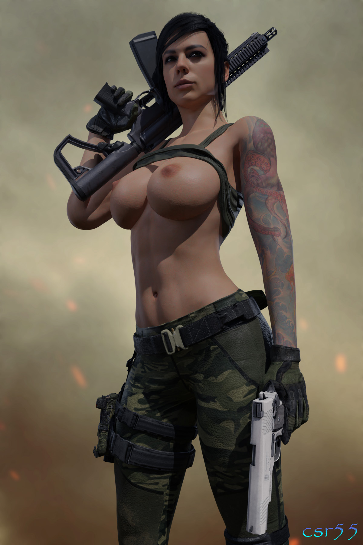 3d, areolae, breasts, breasts out, busty, call of duty, call of duty modern warfare (2019), csr55, female, female focus, female only, gun, hourglass figure, mara (cod), nipples, shirt lift, solo, solo female, standing, tagme, tank top, tank top lift, tattoo, wide hips